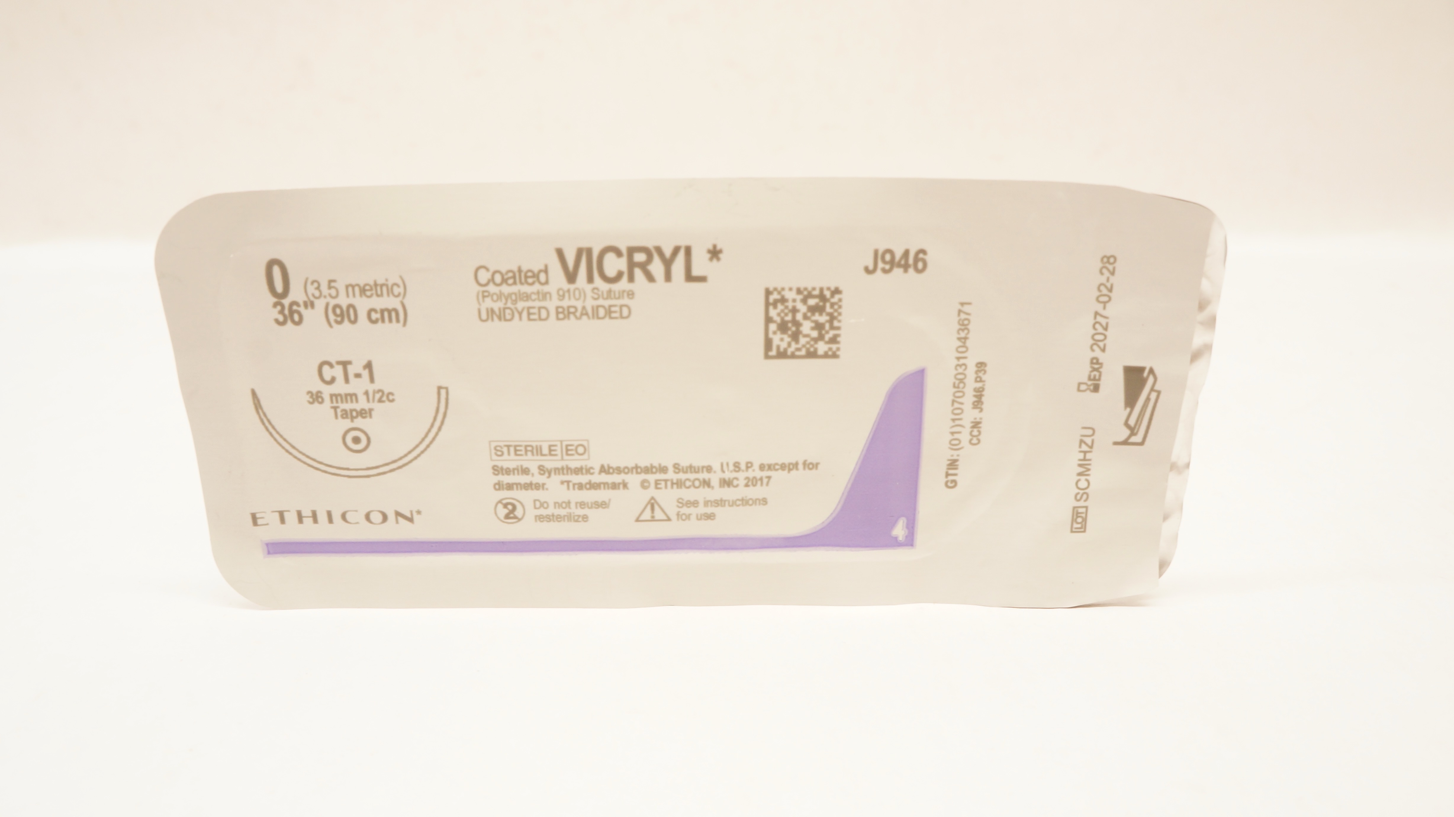 Ethicon J946 0 Coated VICRYL Undyed Braided, CT-1, 36mm 1/2c Taper, 36inch