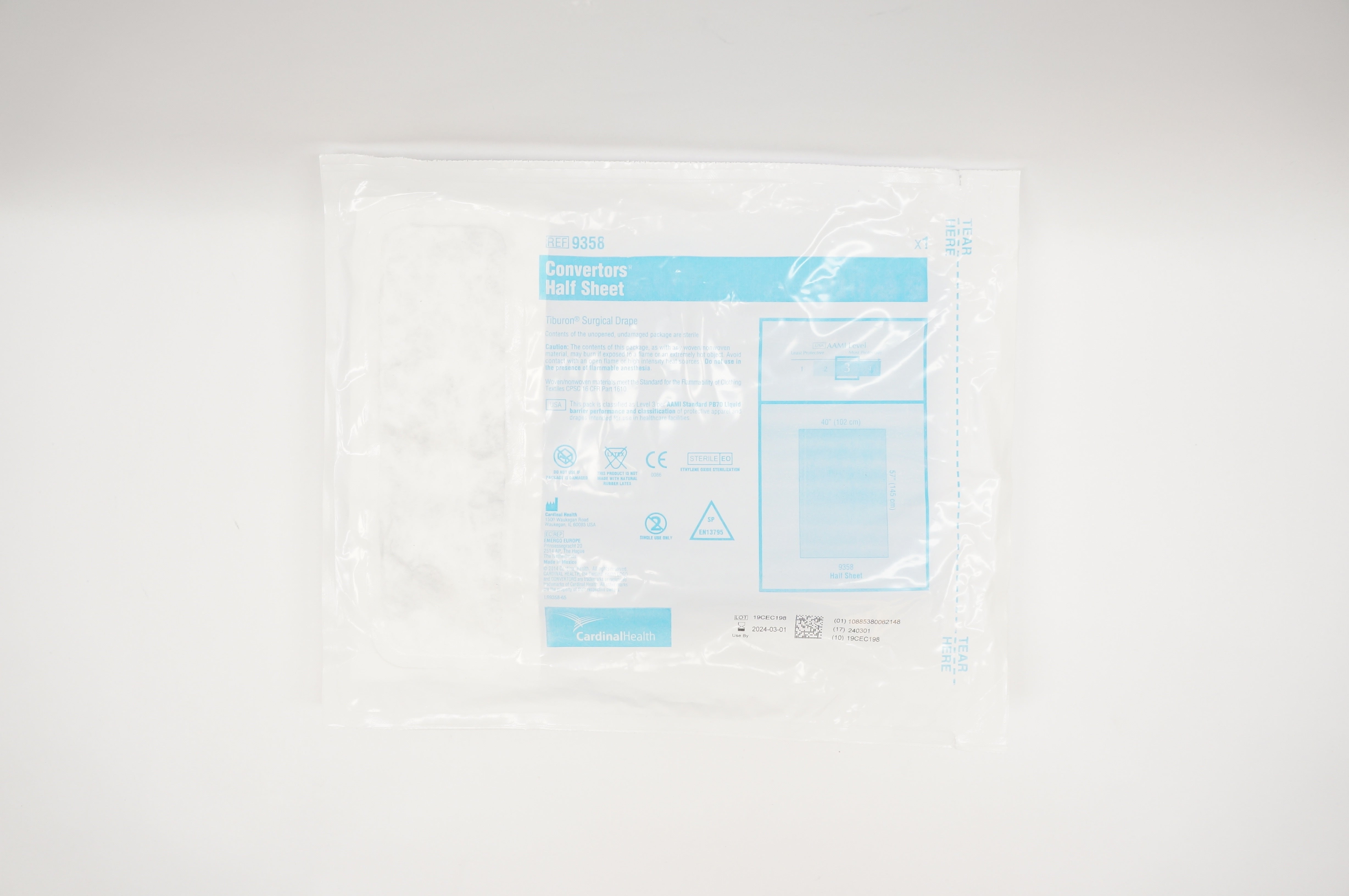 Cardinal Helath 9358 Convertors Half Sheet Tiburon Surgical Drape 40in. x 57inch