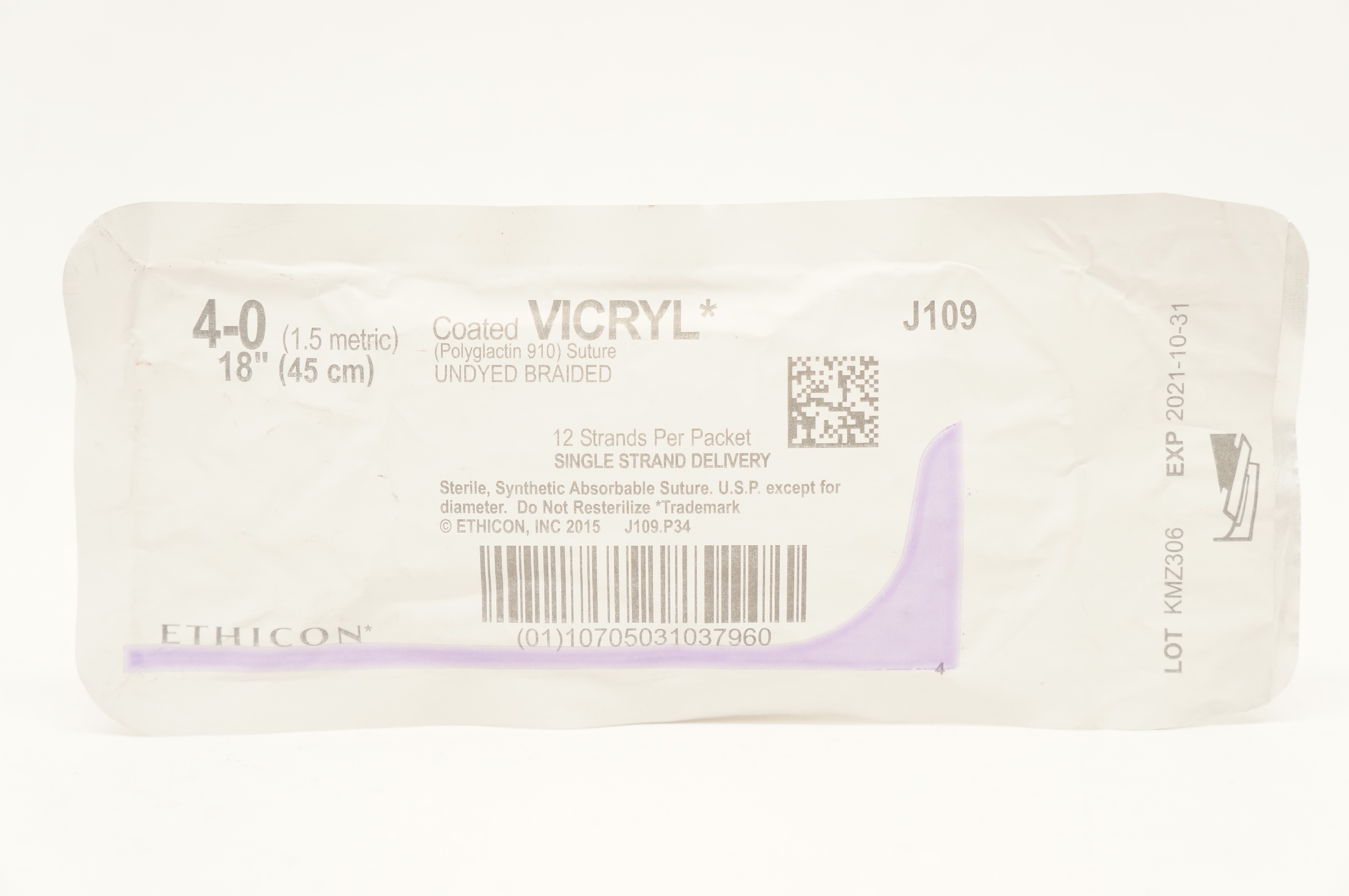 Ethicon J109 4-0 Coated VICRYL Polyglactin 910 Stre Undyed Braided, 18inch (x)