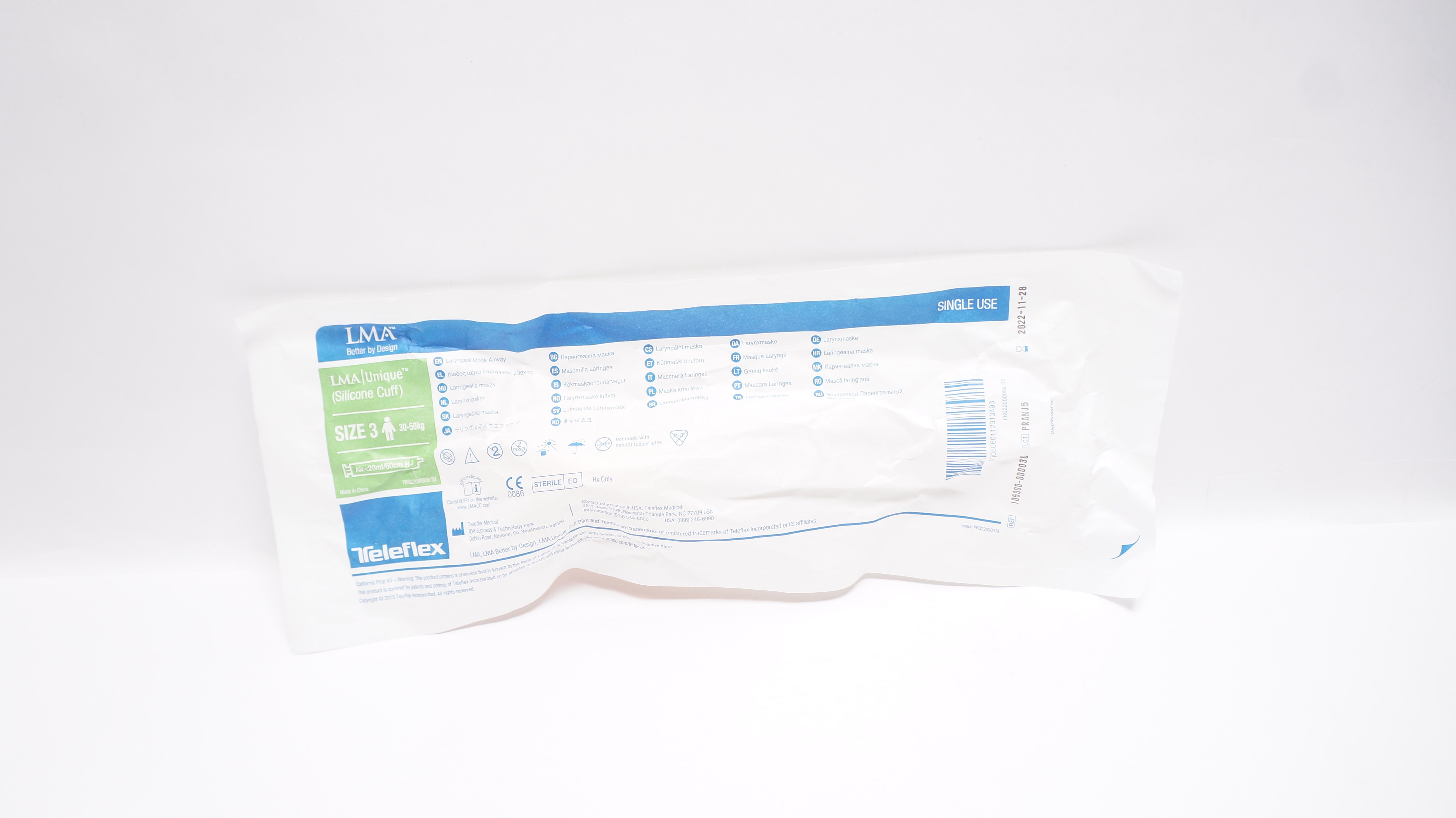 Teleflex 105300-000030 Laryngeal Mask Airway, Size 3 30-50kg <20ml/60cm H2O (x)