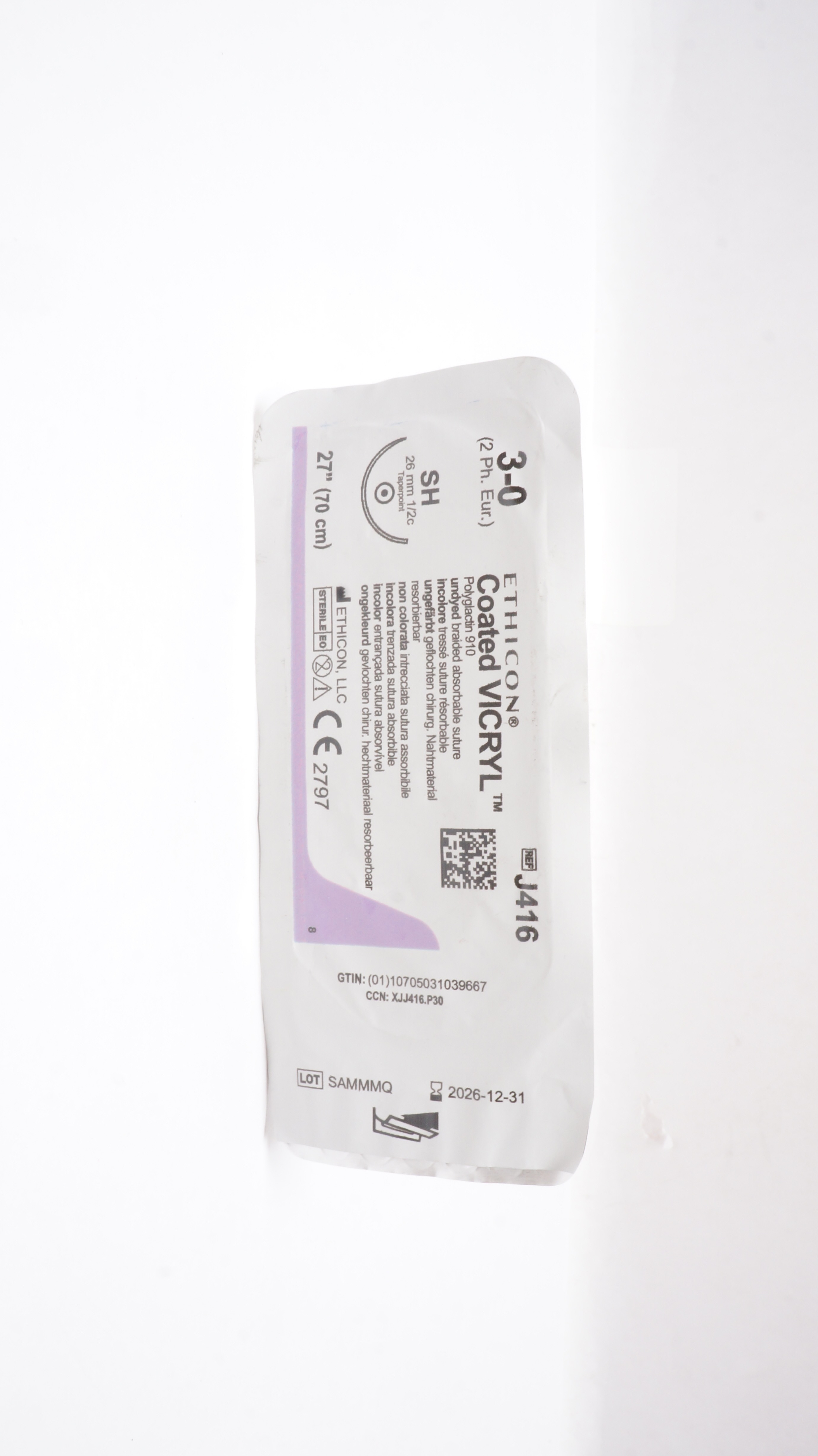 Ethicon J416 3-0 Coated VICRYL Polyglactin Stre SH 26mm 1/2c Taperpoint, 27inch