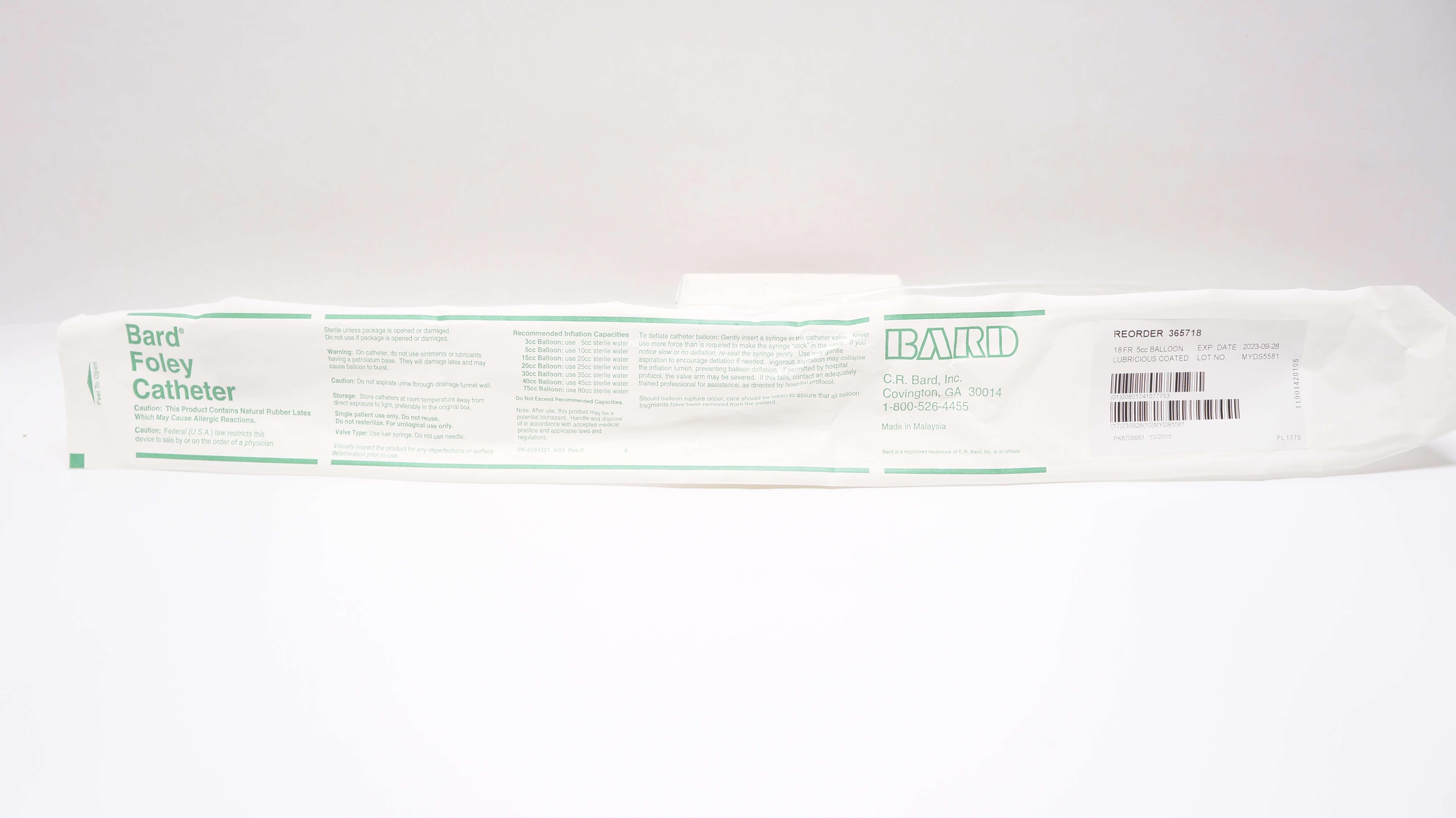 Bard 365718 Foley Lubricious Coated Cath. 18Fr 5cc Balloon (x)