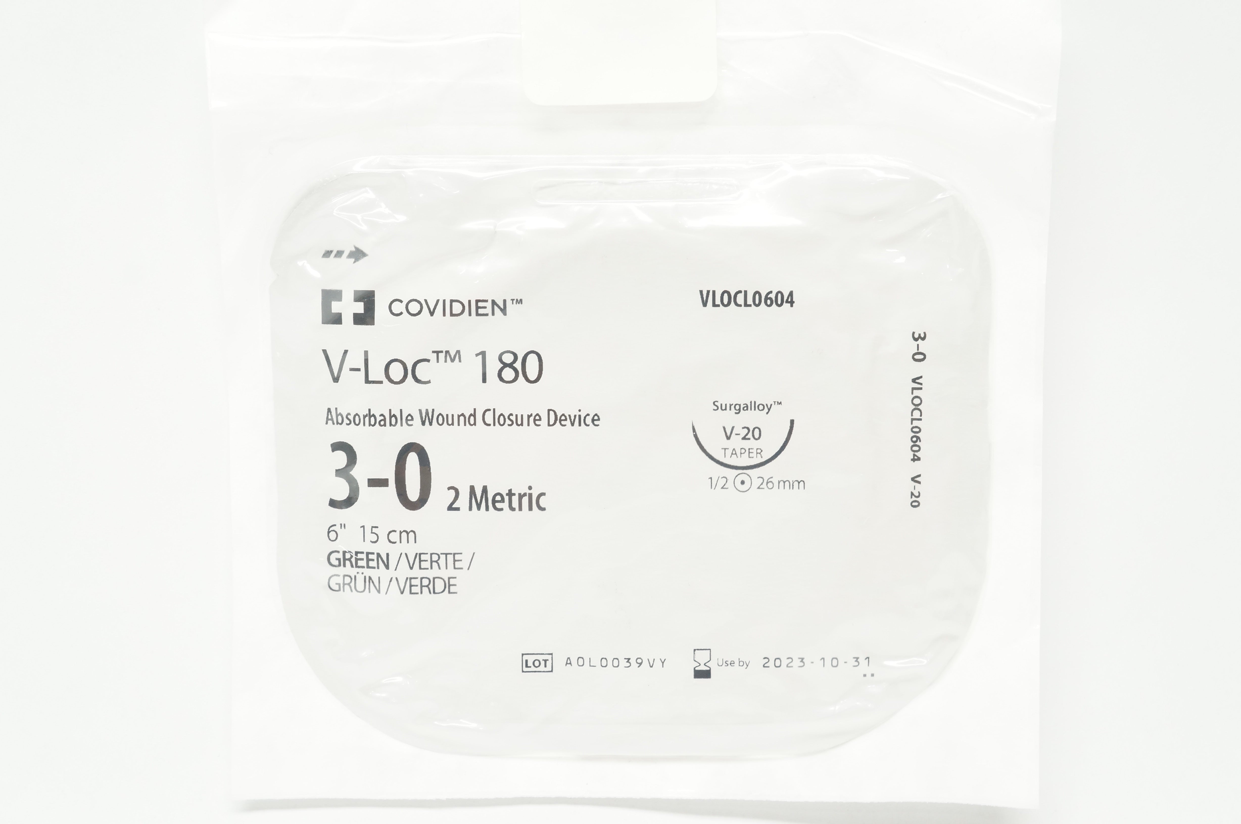 Covidien VLOCL0604 3-0 V-Loc 180, Green, 26mm 1/2c V-20 Taper, 6inch