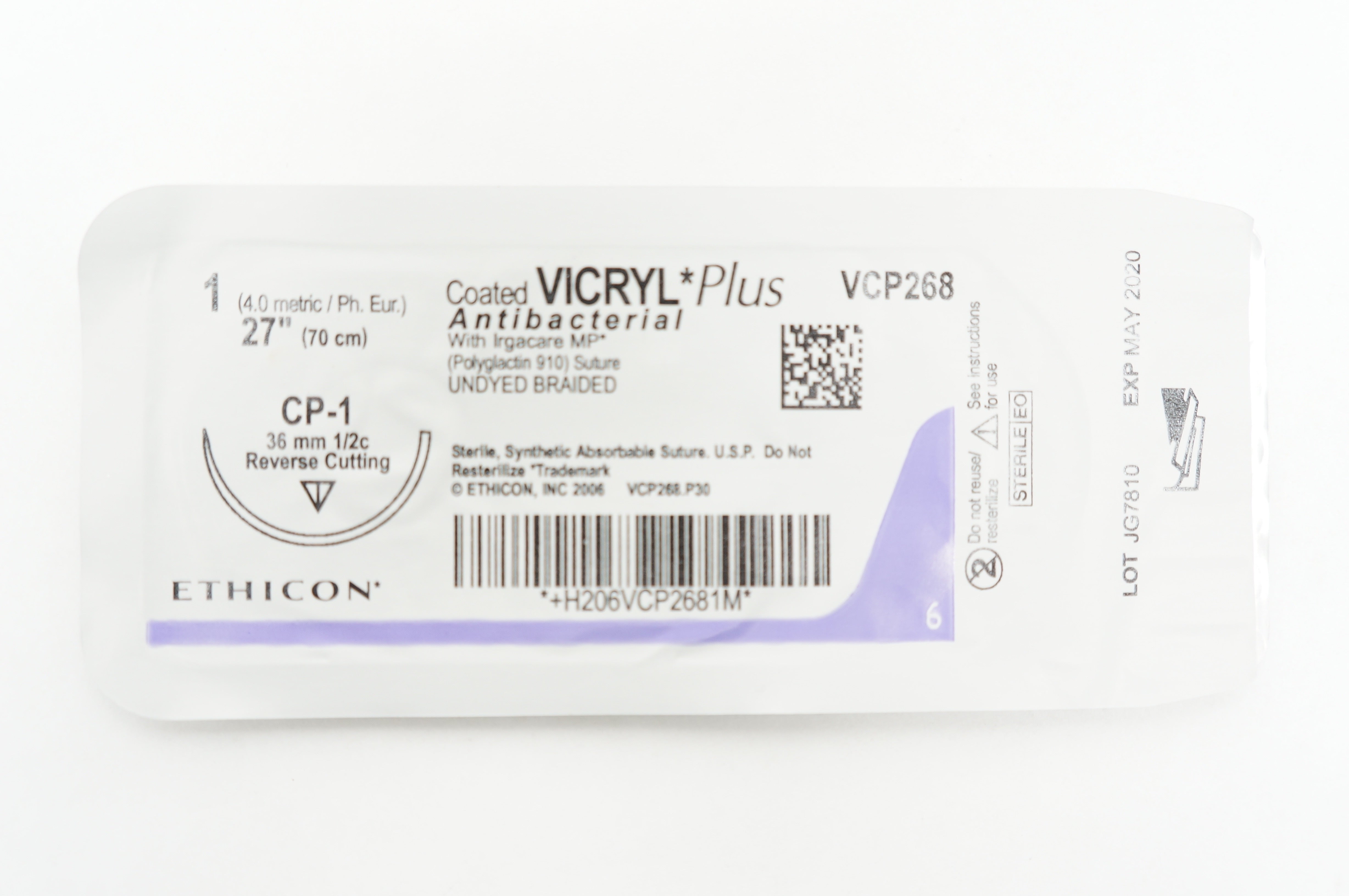 Ethicon VCP268 1 VICRYL Plus CP-1 36mm 1/2c Reverse Cutting 27 inch (x)