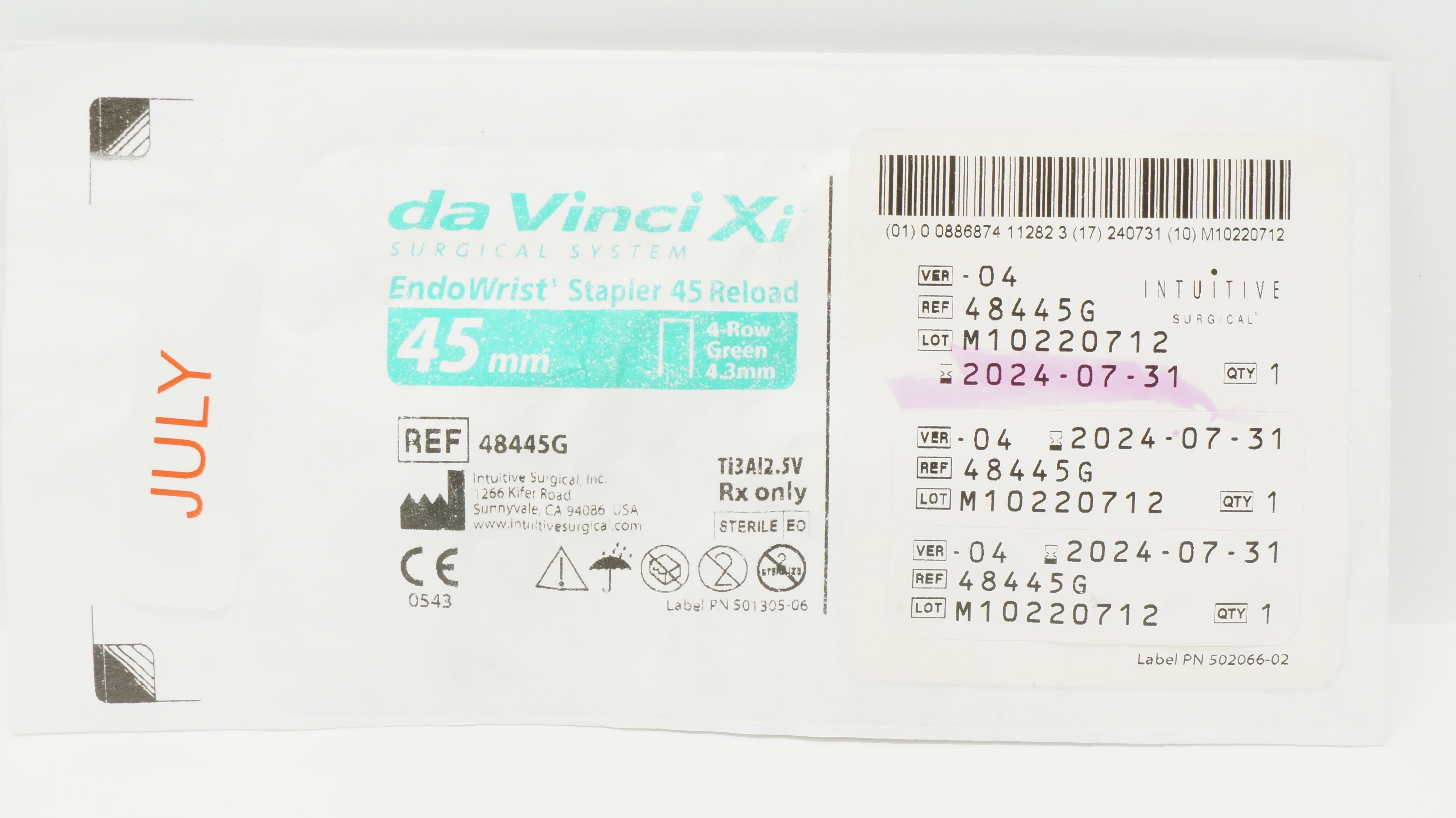 Intuitive Surgical 48445G Endo Wrist Stapler 45 Reload Green 45mm 4-Row 4.3mm(x)