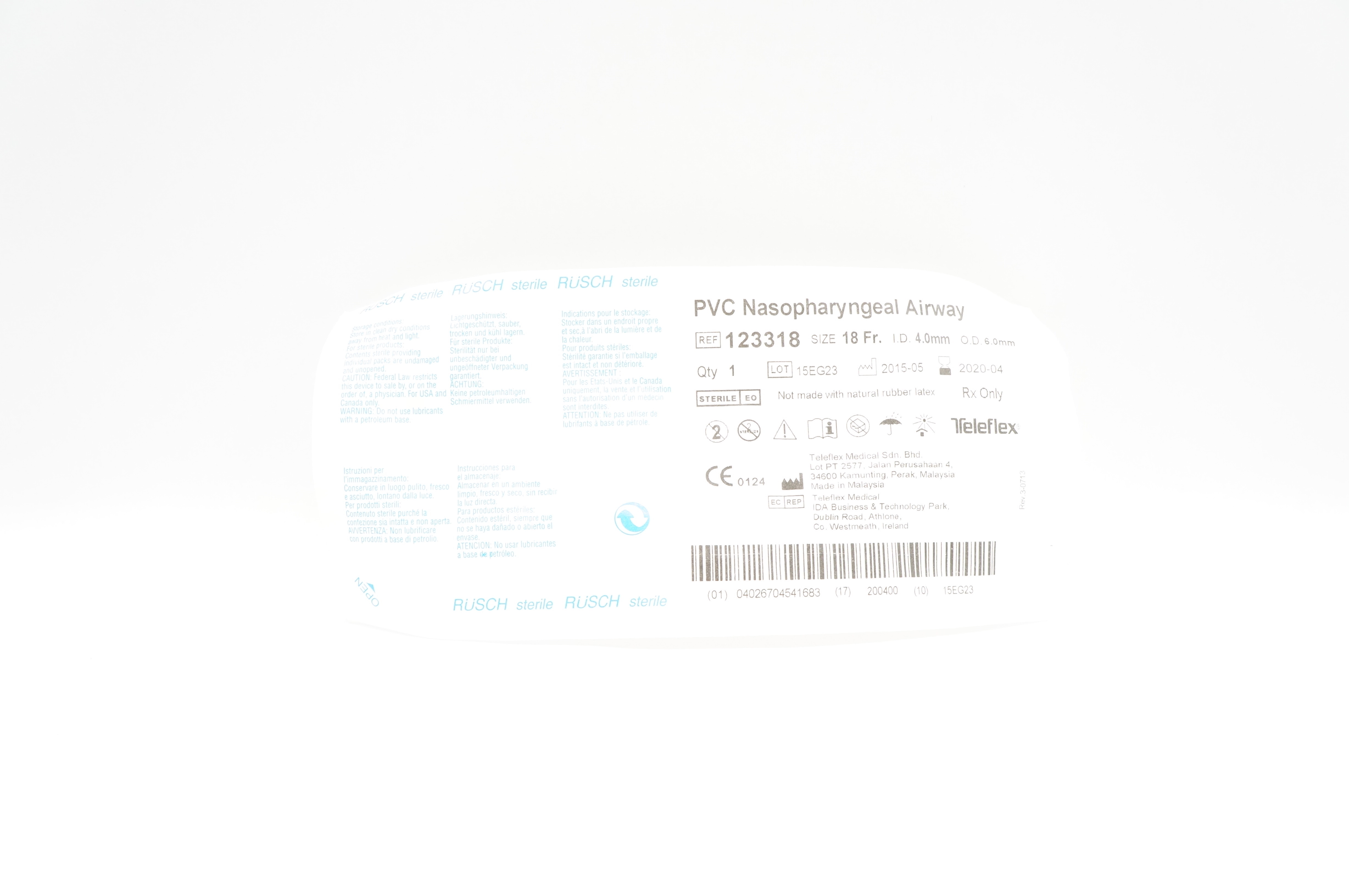 Teleflex 123318 Rusch PVC Nasopharyngeal Airway 18Fr x ID 4.0mm x OD 6.0mm (x)