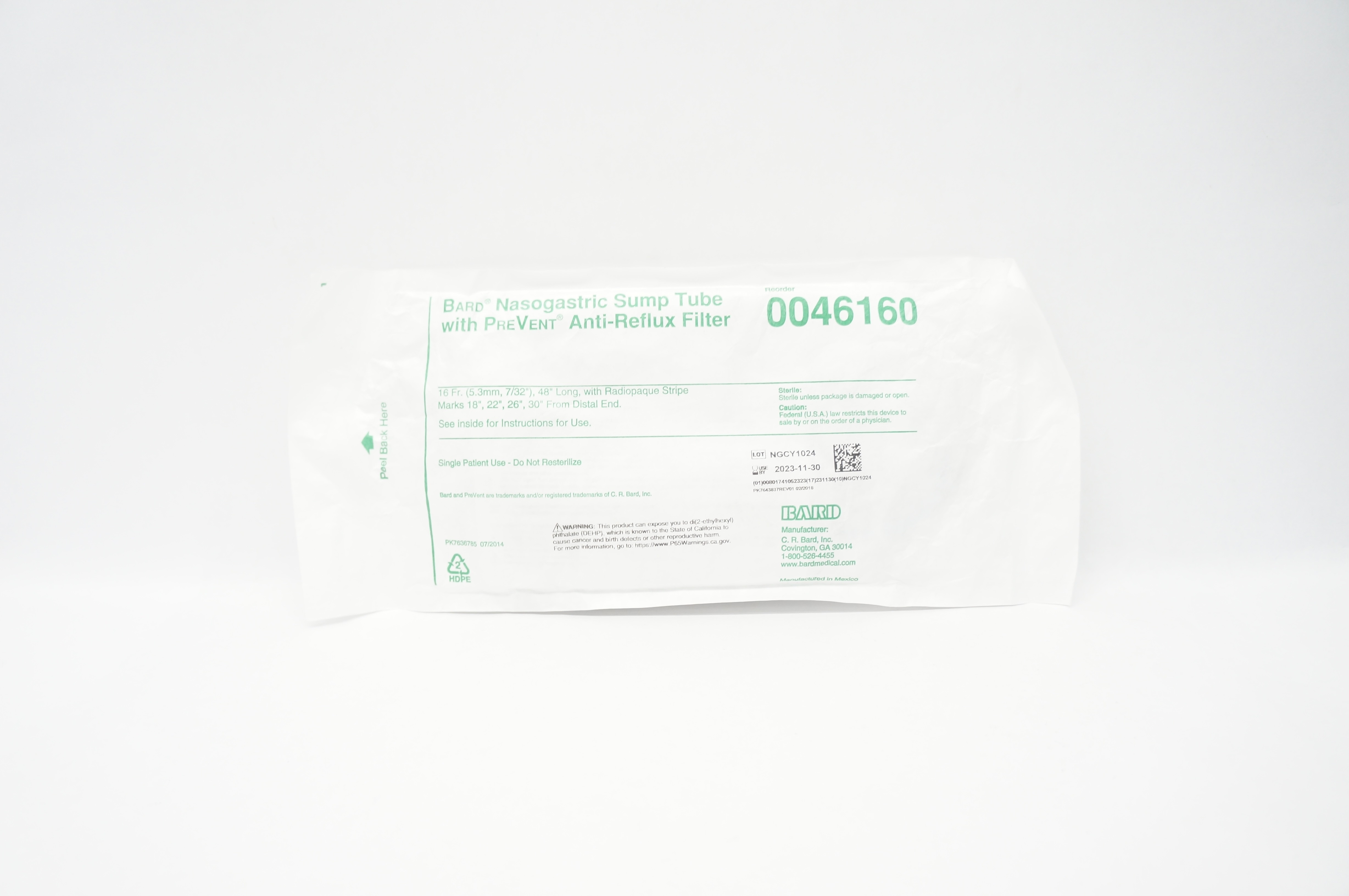 Bard 0046160 Nasogastric Sump Tube w/PreVent Anti-Reflux Filter 16Fr x 48inch(x)