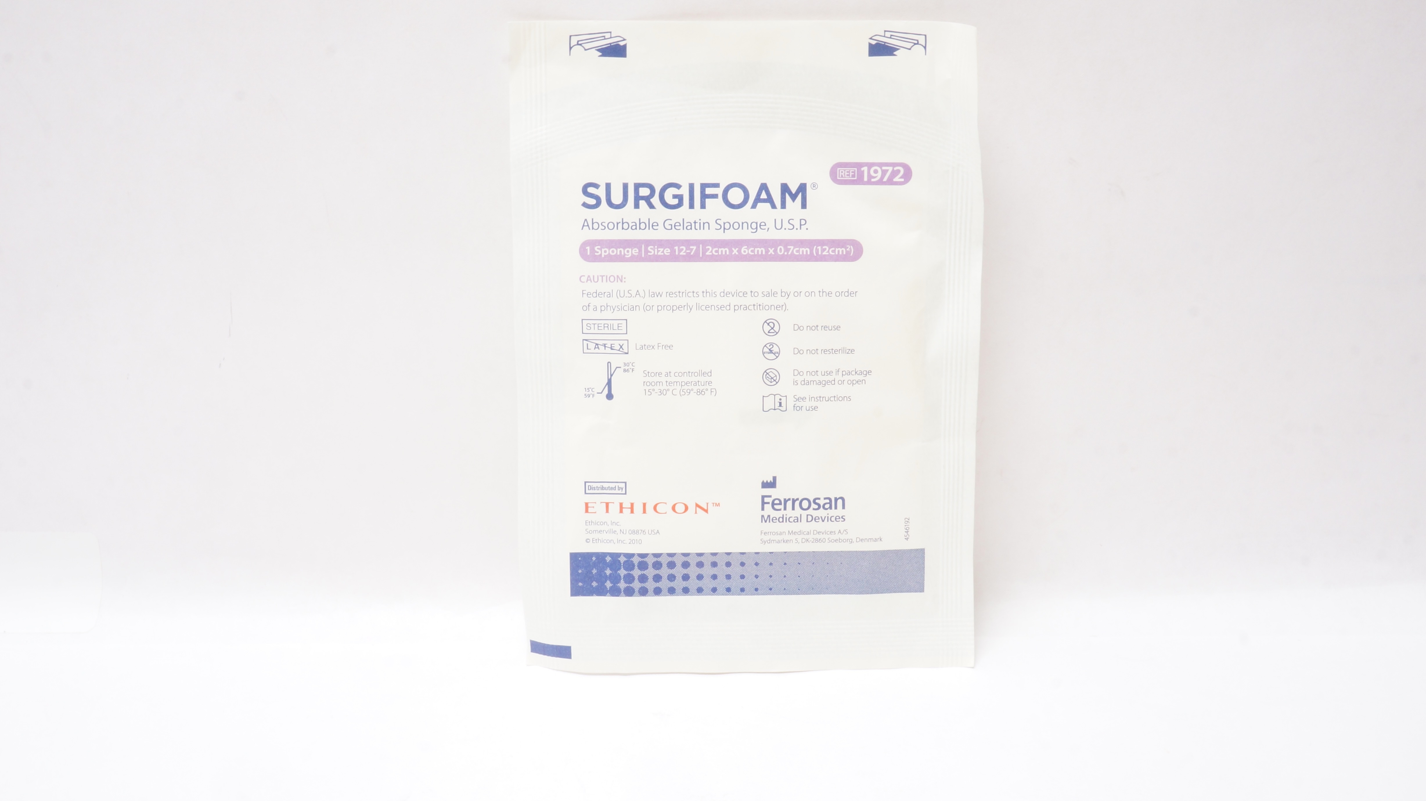 Ethicon 1972 SURGIFOAM Absorbable Gelatin Sponge U.S.P. Size 12-7, 2 x 6 x 0.7cm