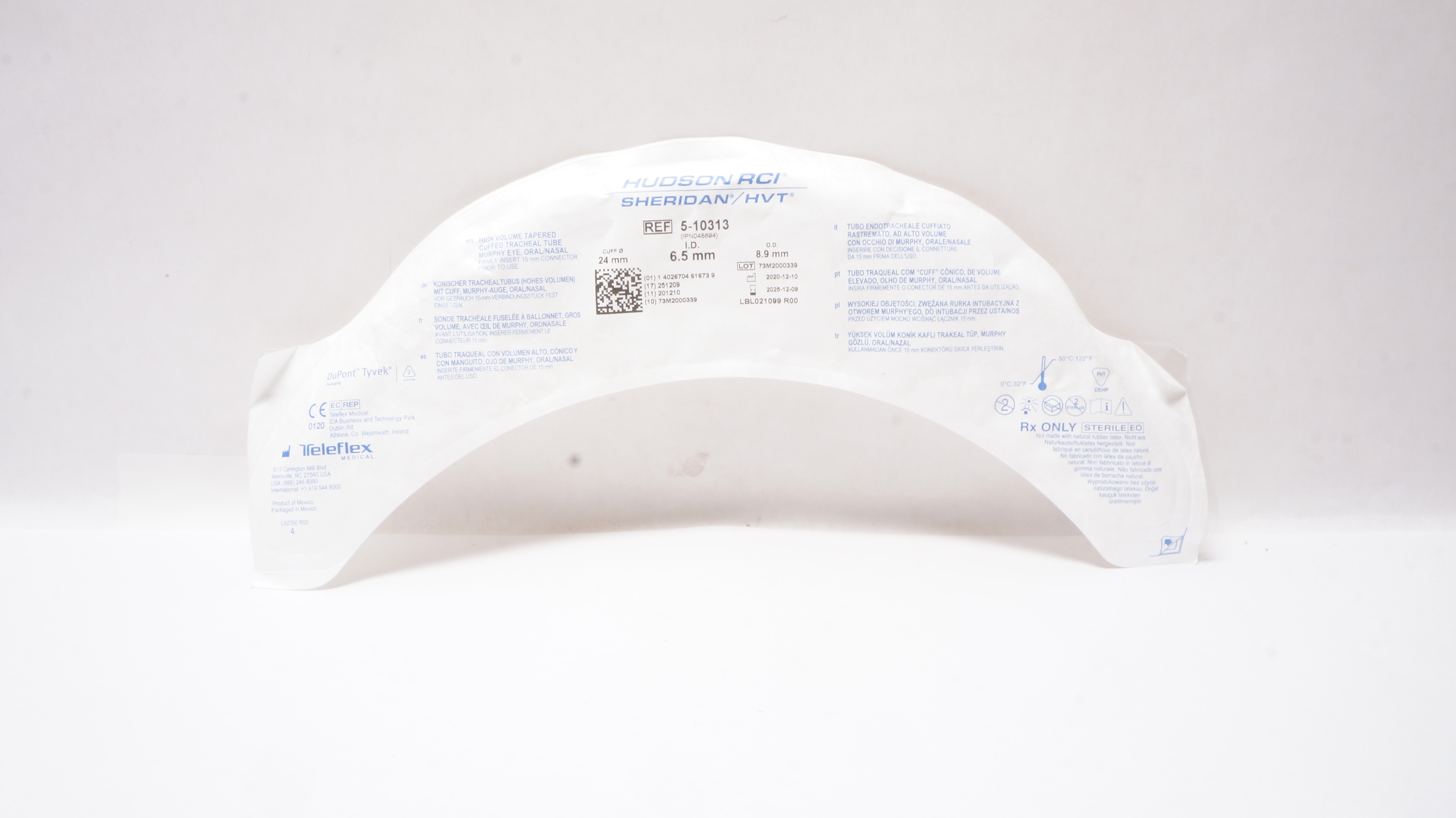 Teleflex 5-10313 Hudson RCI Sheridan HVT Cuffed Tracheal Tube 6.5 x 8.9 x 24mm