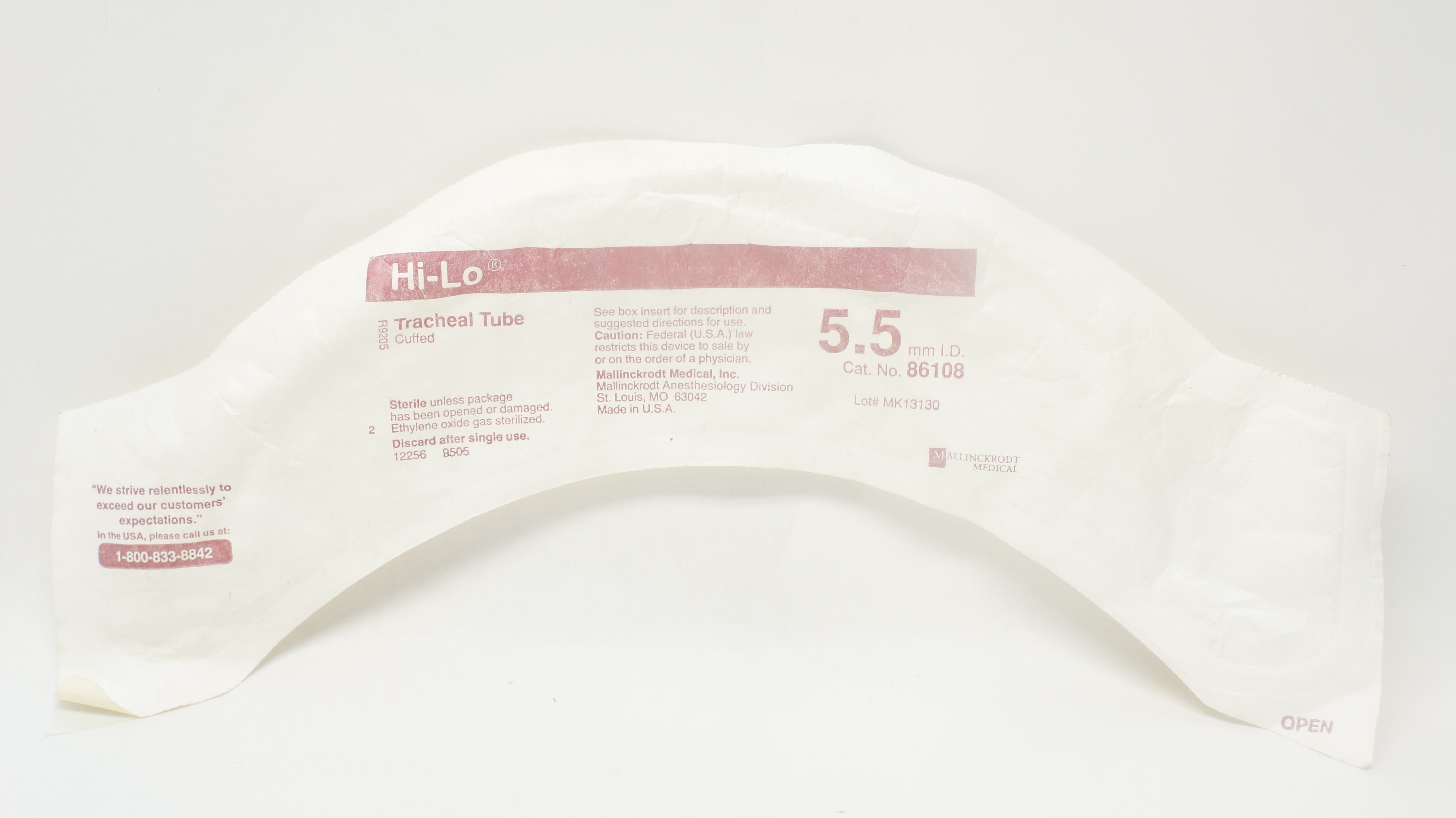 Mallinckrodt 86108 Mallinckrodt Hi-Lo Tracheal Tube Cuffed 5.5mm ID