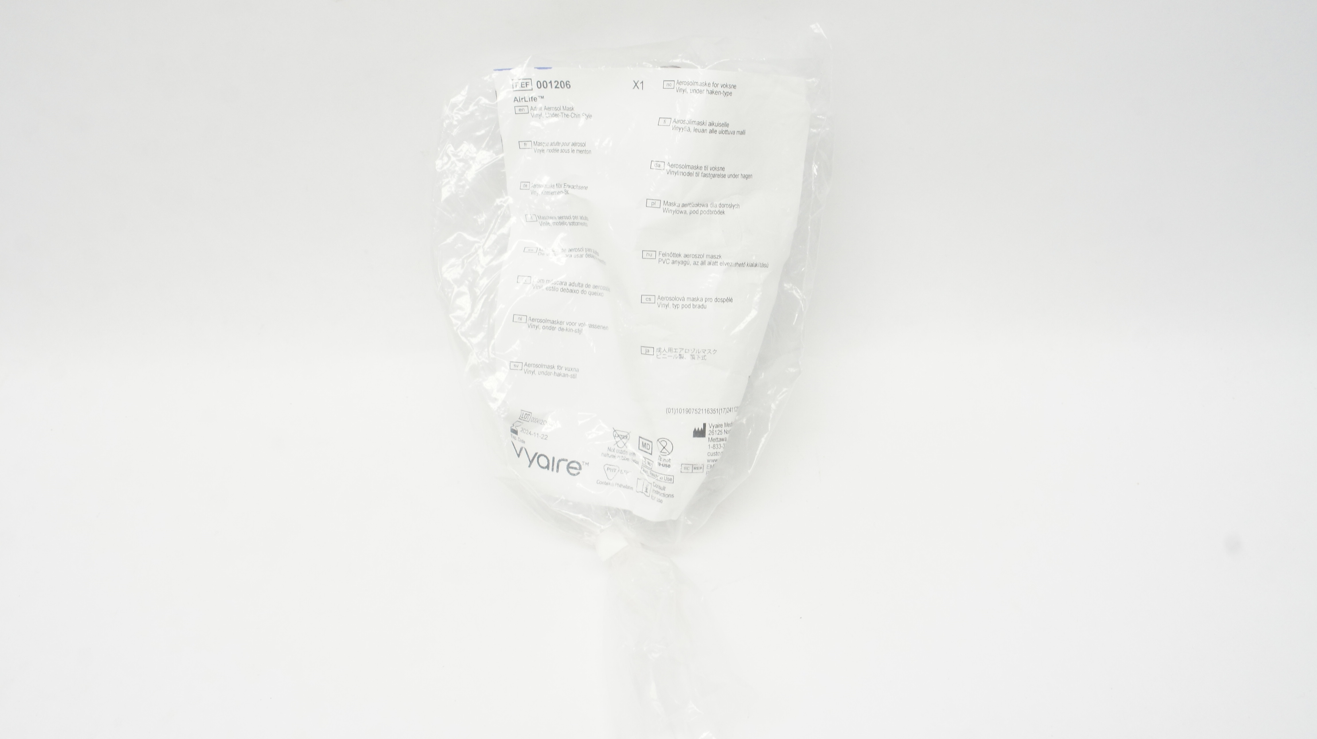 Vyaire 001206 AirLife Adult Aerosol Mask Vinyl Under-The-Chin Style