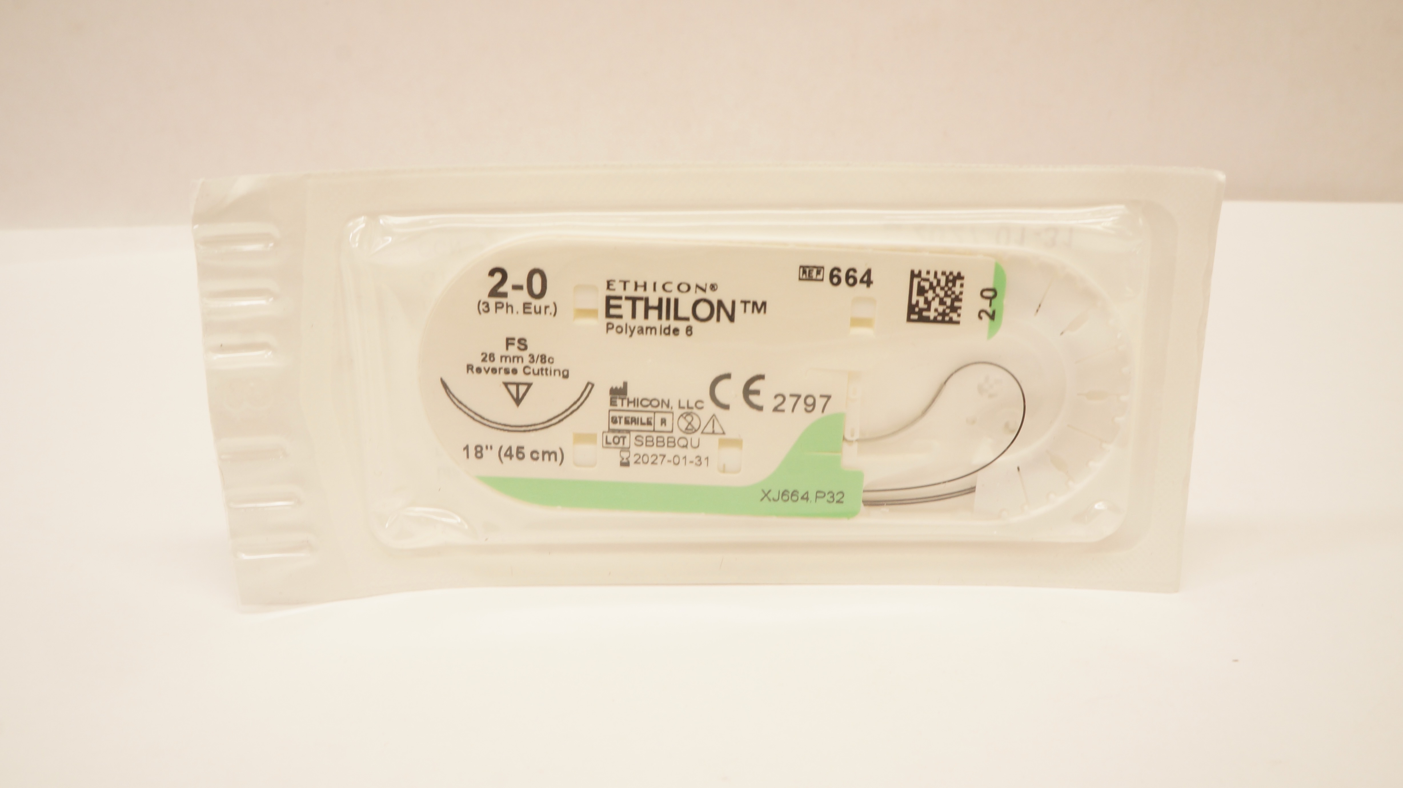 Ethicon 664 2-0 Ethilon Non-Absorbable Stre FS 26mm 3/8c Reverse Cutting 18inch
