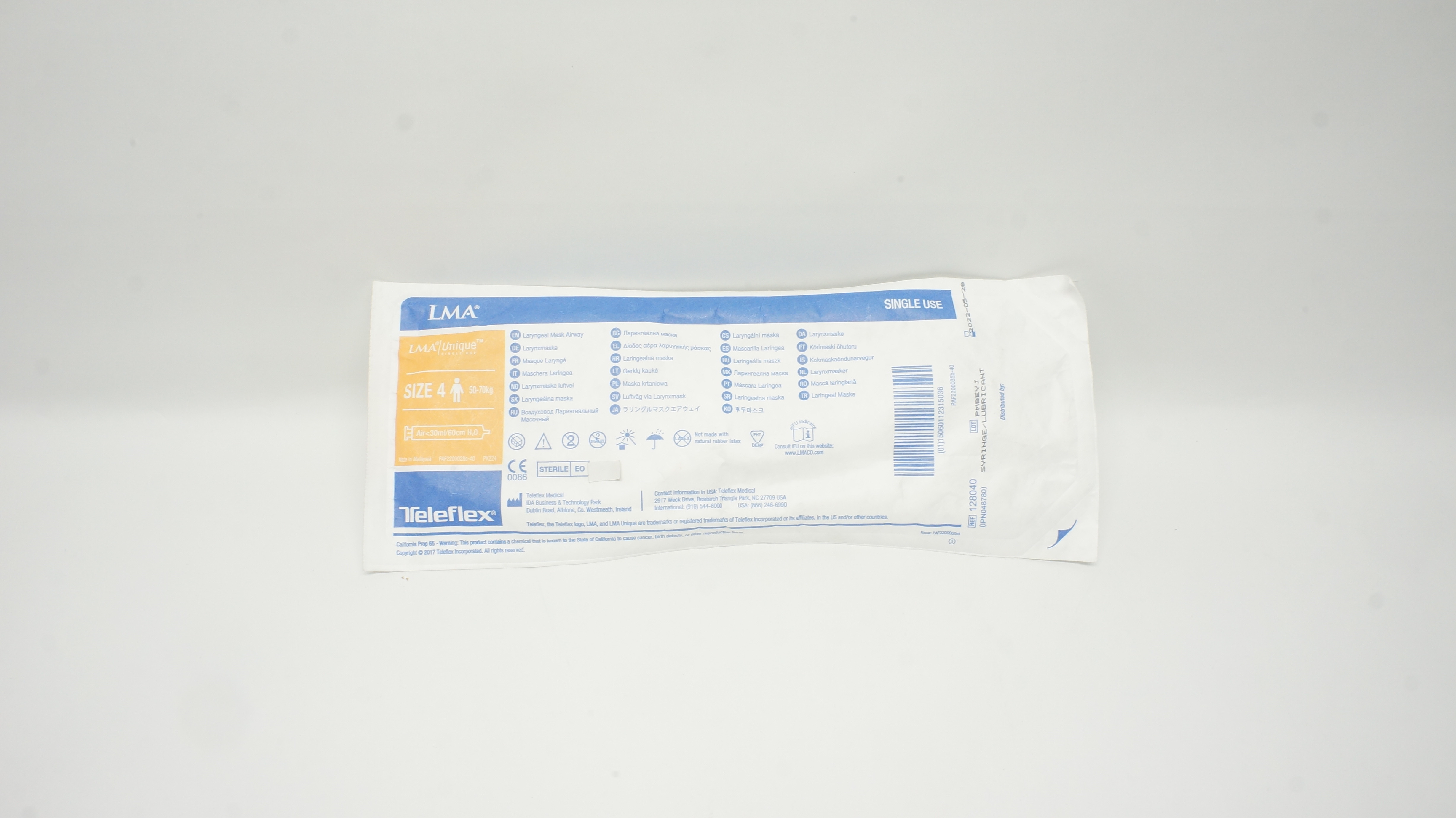Teleflex 128040 Unique Laryngeal Mask Airway Size 4, 50-70kg Air<30ml/60cm (x)