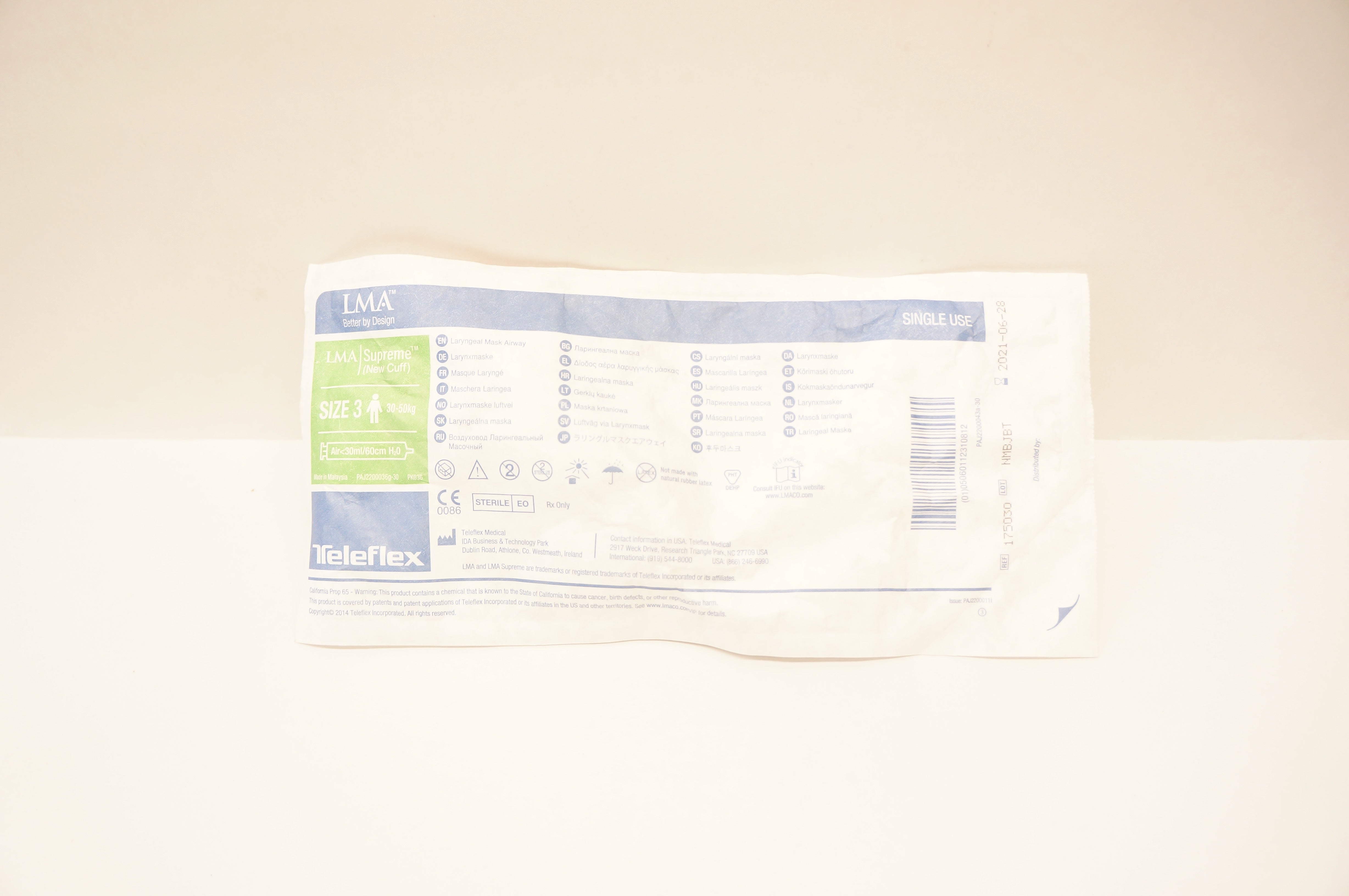 Teleflex 175030 LMA Supreme Laryngeal Mask Airway, Size 3 30-50kg <30mL/60cm(x)