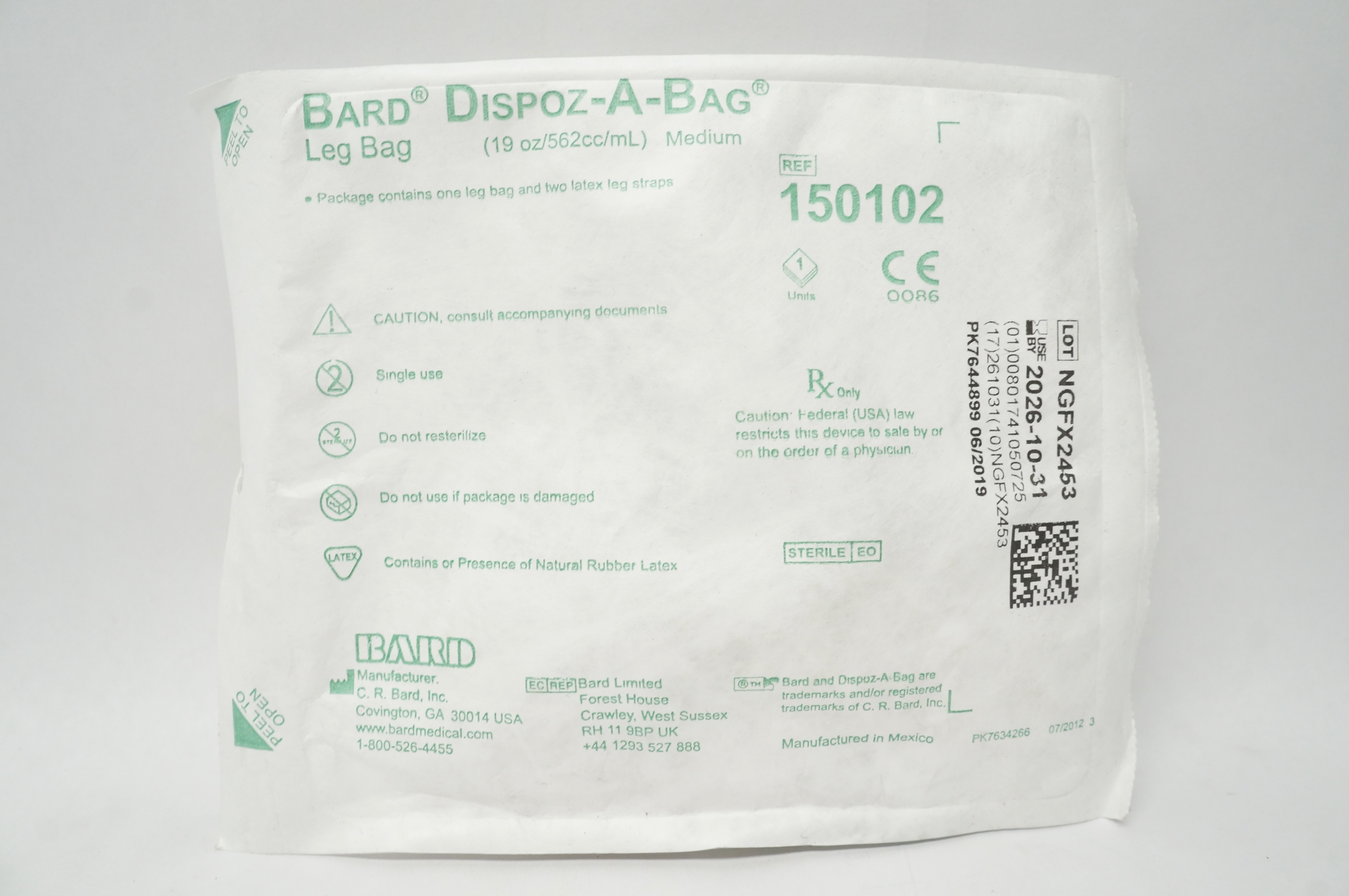 Bard 150102 Dispoz-A-Bag Leg Bag 19oz/562cc/mL Medium