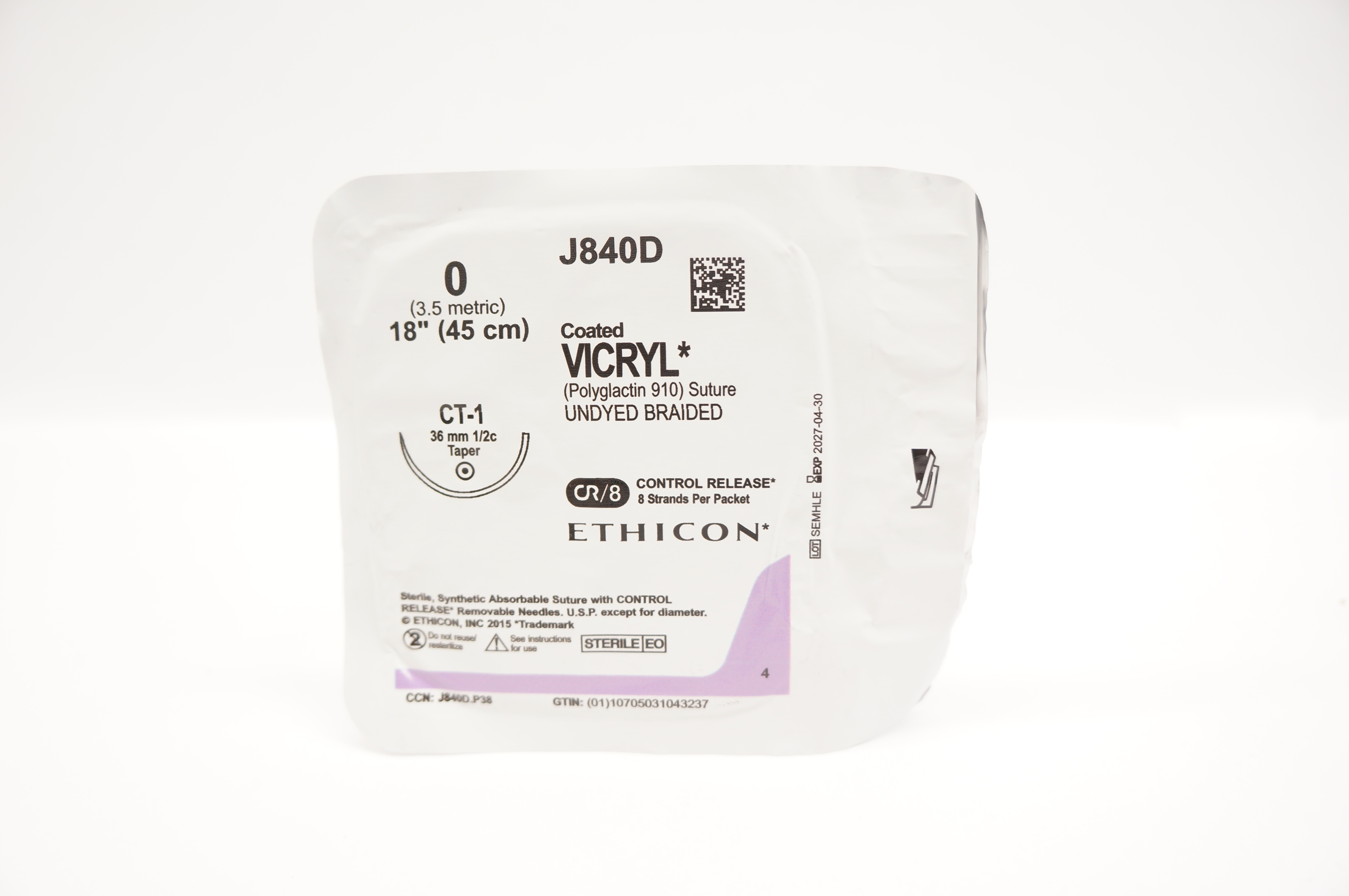 Ethicon J840D 0 Coated VICRYL Polyglactin Stre CT-1 36mm 1/2c Taper, 18inch