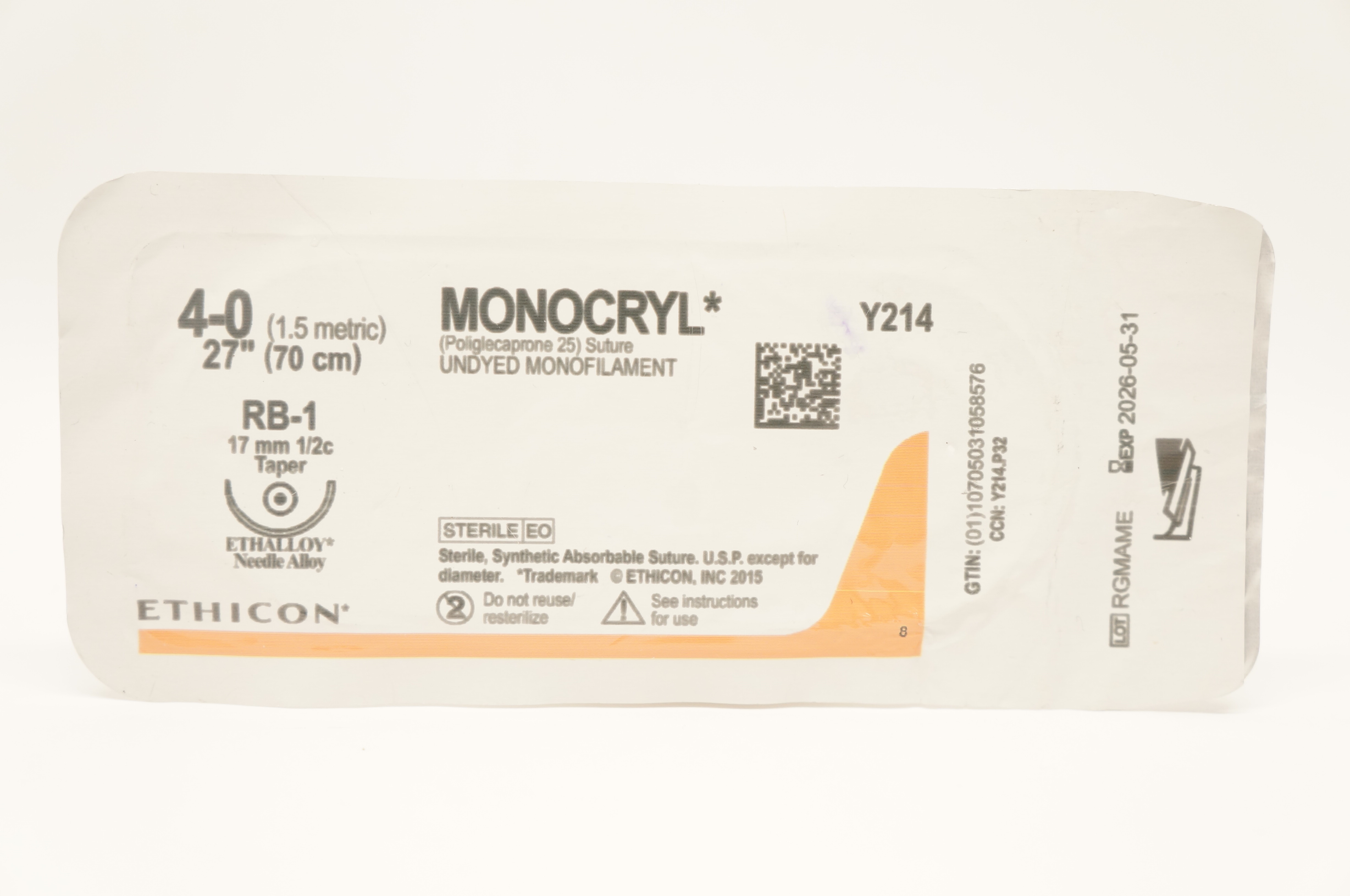 Ethicon Y214 4-0 MONOCRYL Undyed Monofilament PB-1 17mm 1/2c Taper 27inch