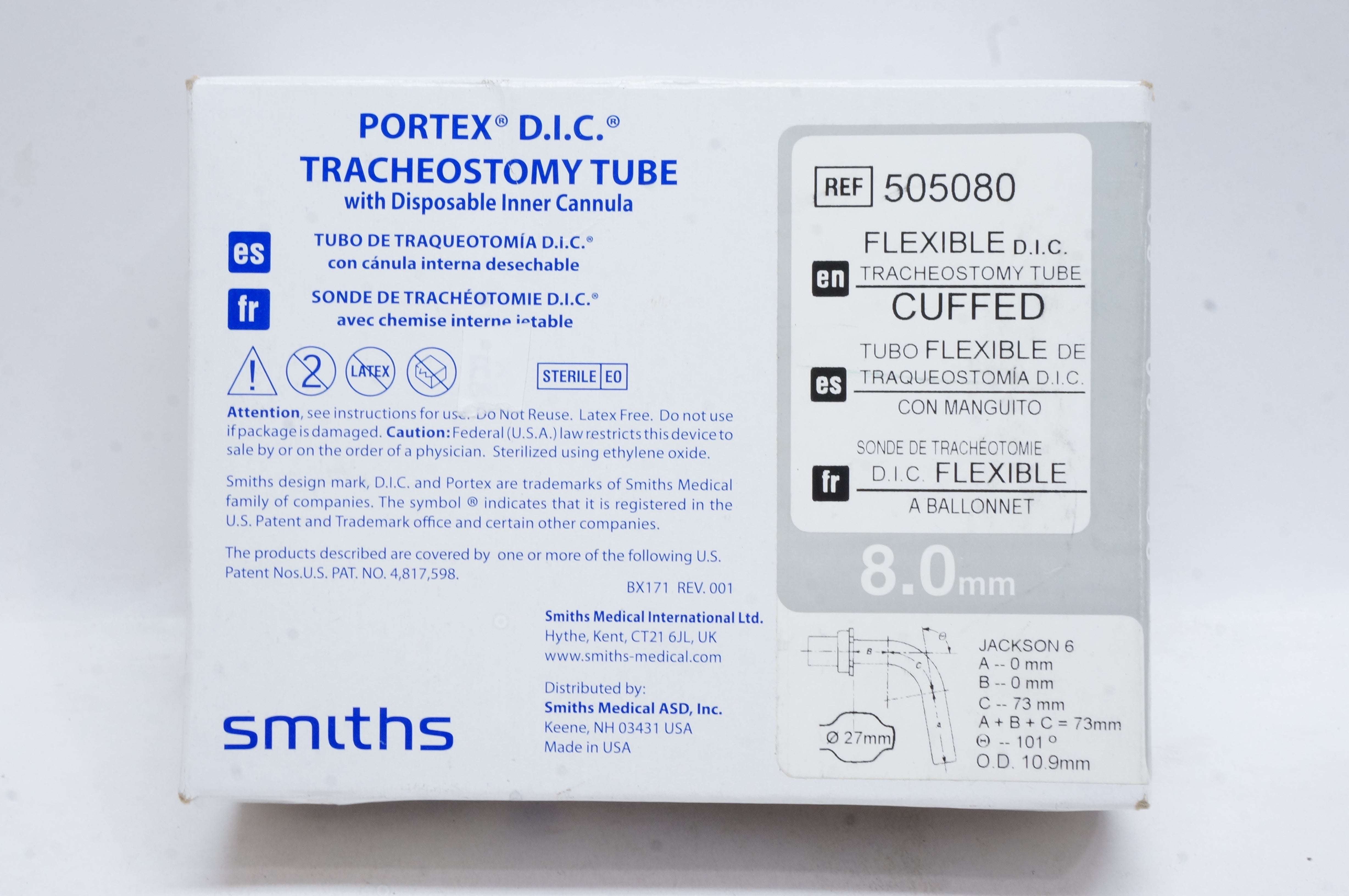 Smiths Medical 505080 Portex D.I.C. Tracheostomy Tube 8.0mm (x)