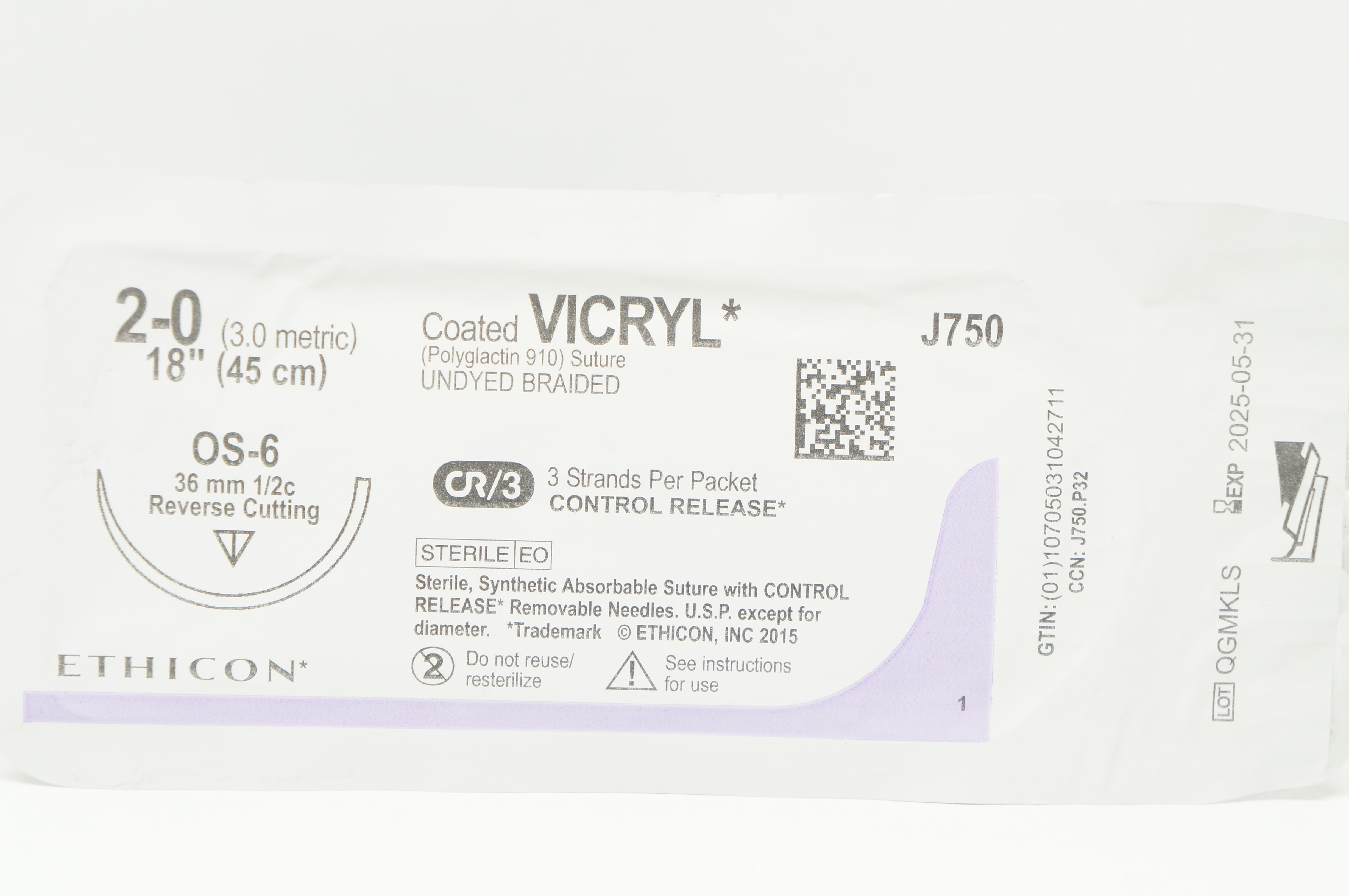 Ethicon J750 2-0 VICRYL, OS-6, 36mm 1/2c Reverse Cutting, 18inch