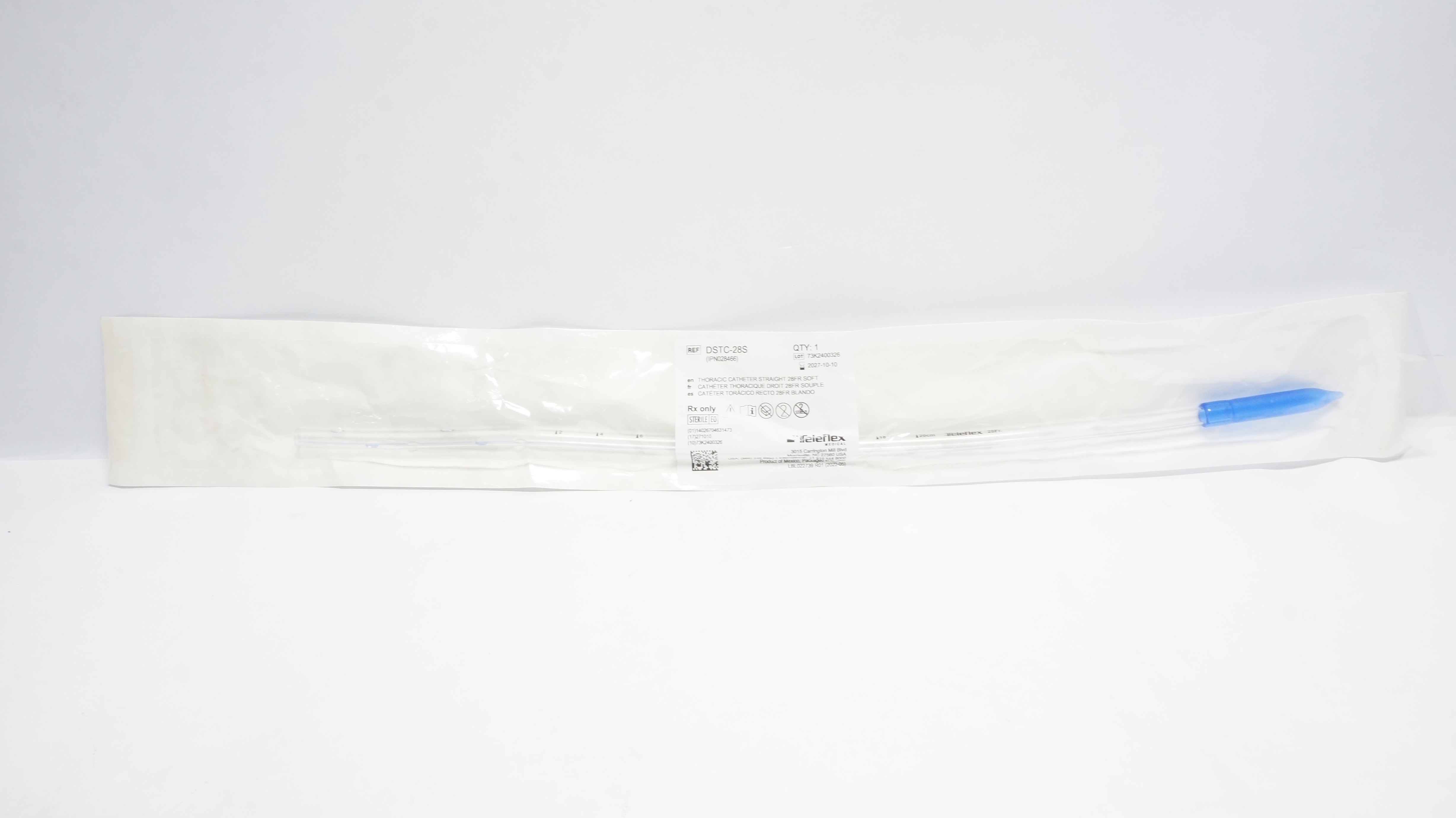 Teleflex DSTC-28S Thoracic Cath. Straight 28 FR. Soft