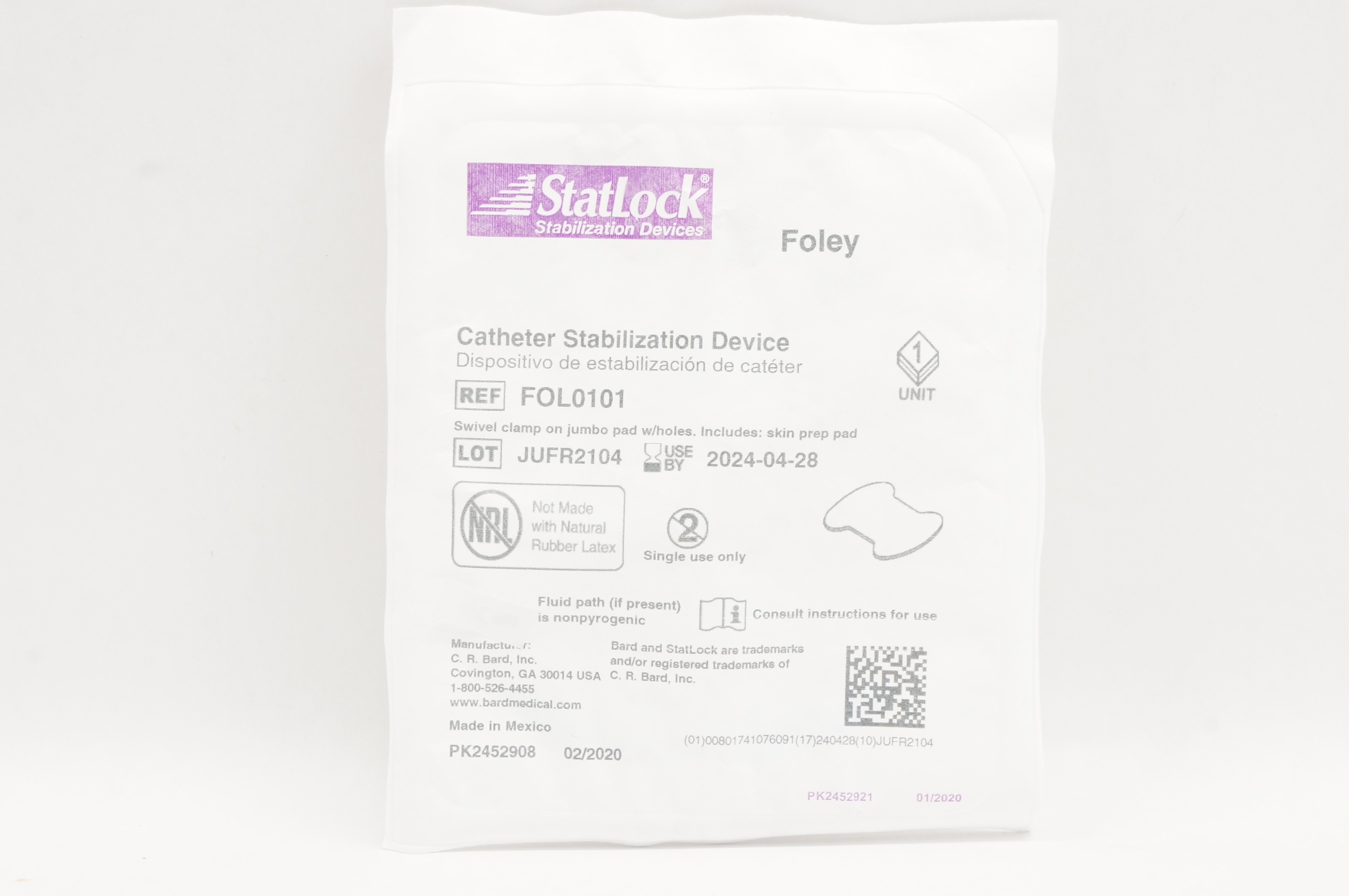 Bard FOL0101 Statlock Catheter Stabilization Device Foley