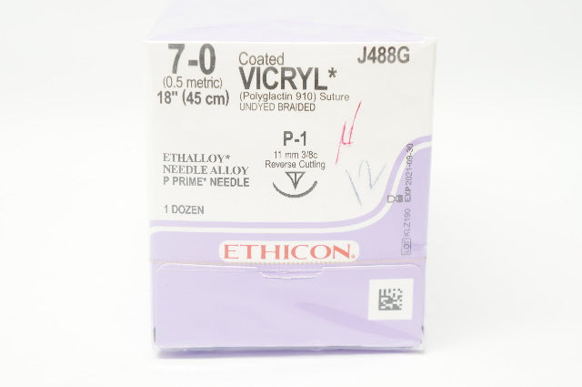 Ethicon J488G 7-0 VICRYL P-1 11mm 3/8c 18inch - Box  of 12 (x)