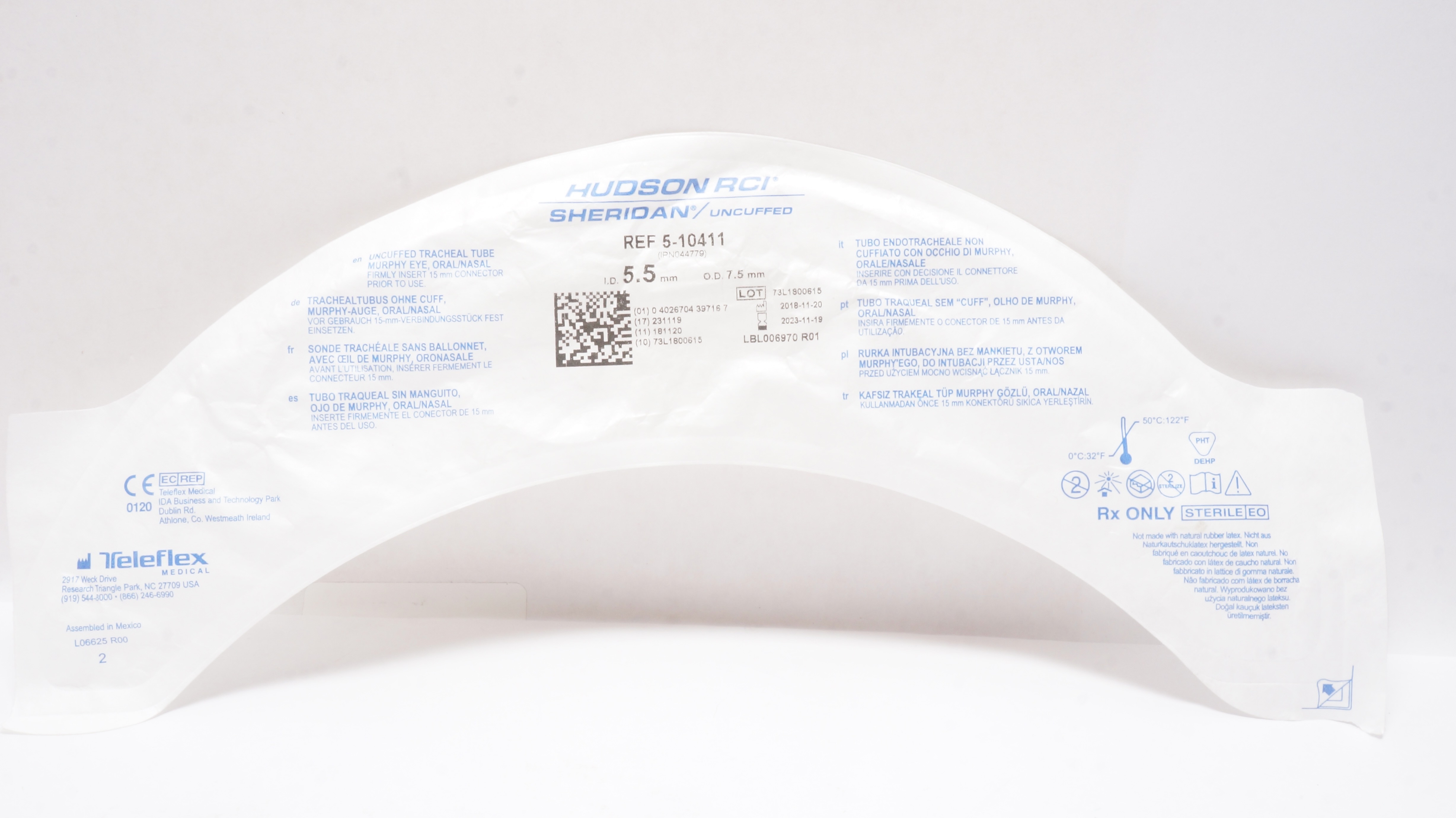 Teleflex 5-10411 Hudson RCI Sheridan Uncuffed Tracheal Tube 5.5mm ID x 7.5mm OD