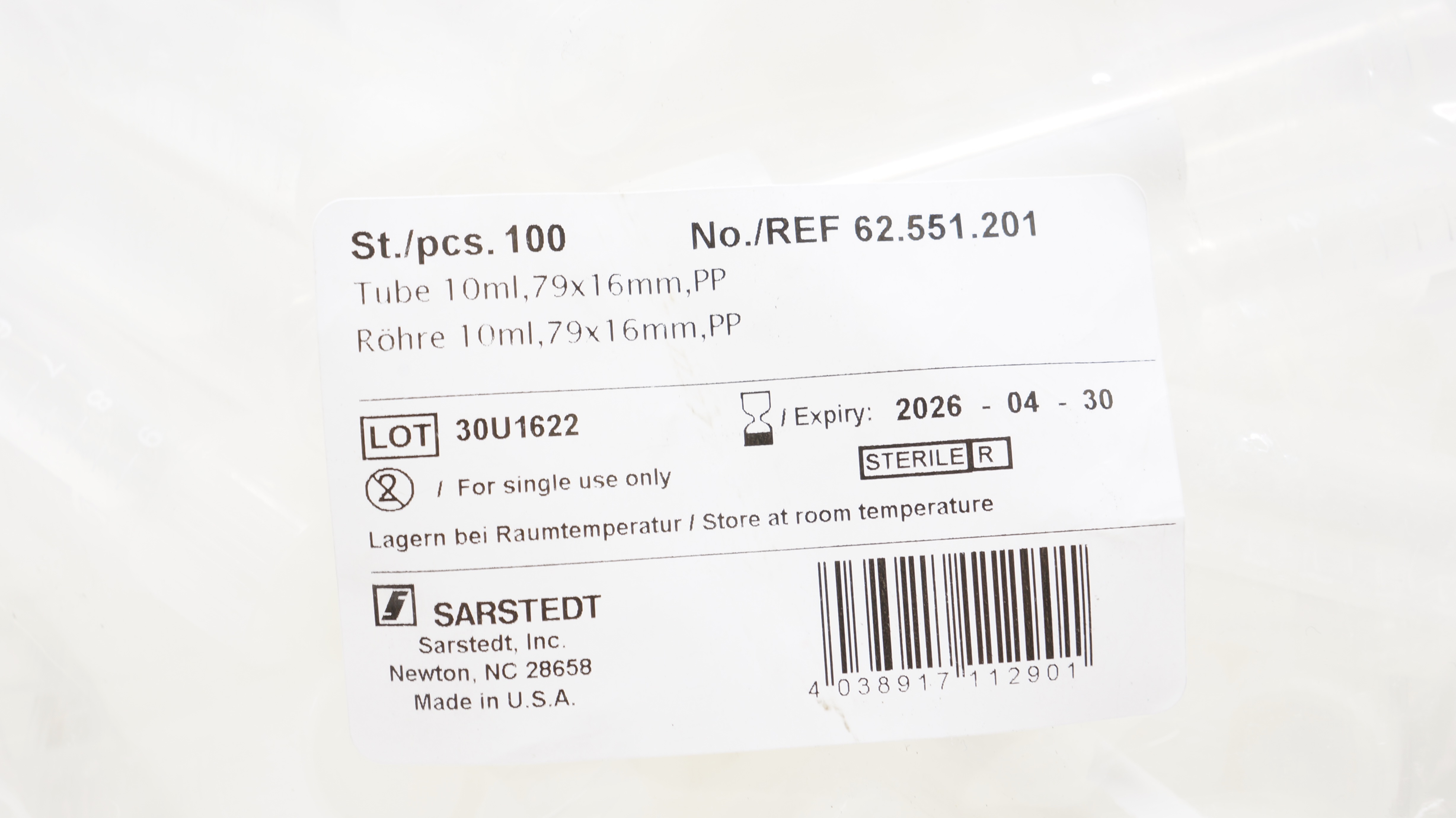 Sarstedt 62.551.201 Tube 10ml, 79 x 16mm PP - Pack of 100