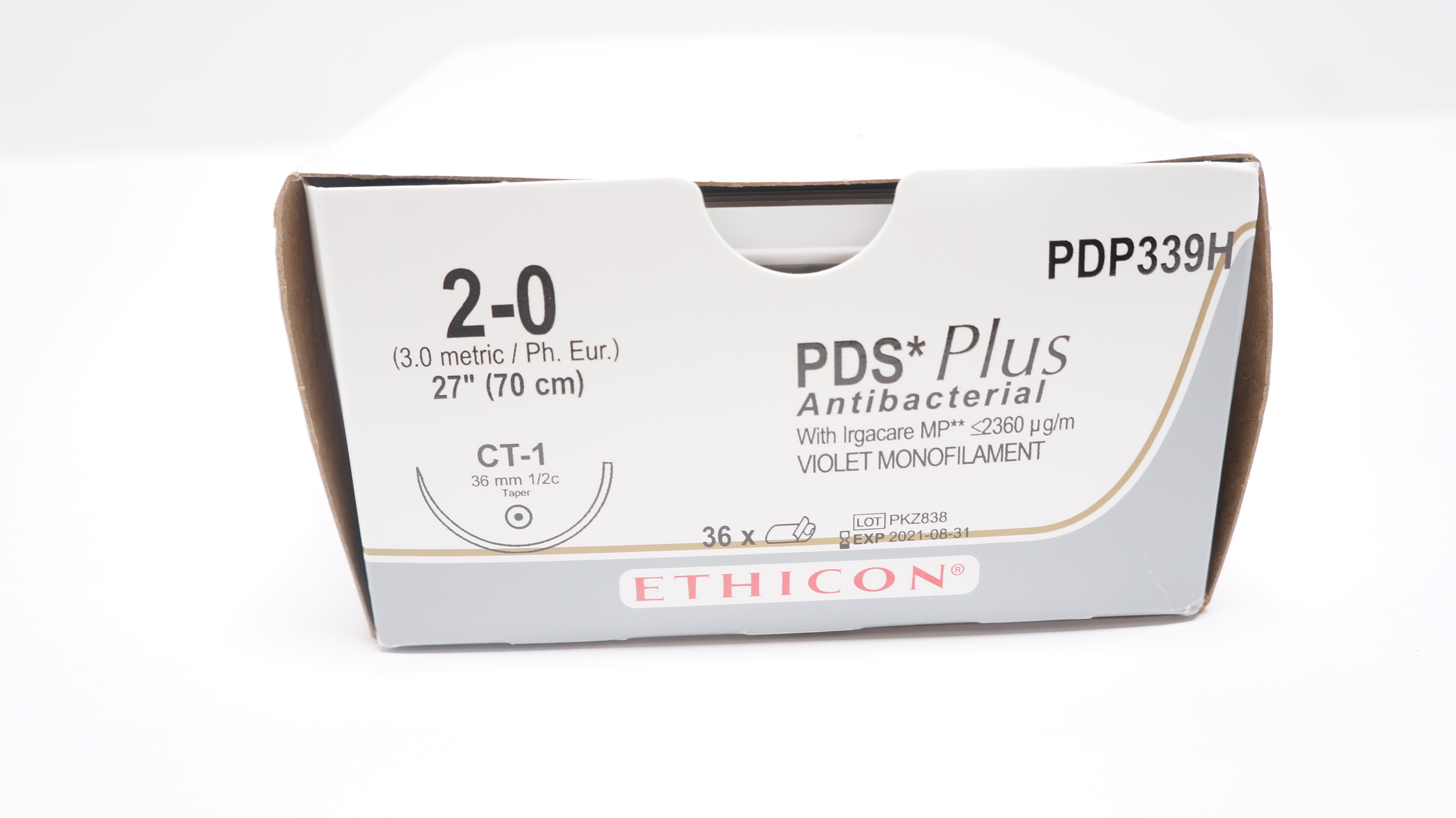 Ethicon PDP339H 2-0 PDS Plus, CT-1, 36mm 1/2c Taper, 27inch (x) - Box of 36