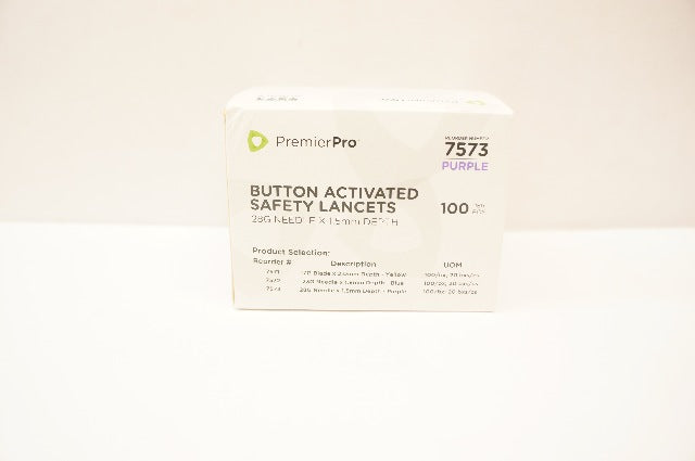 PremierPro 7573 Button Activated Safety Lancets 28G Ndle.x1.5mm Depth-Box of 100