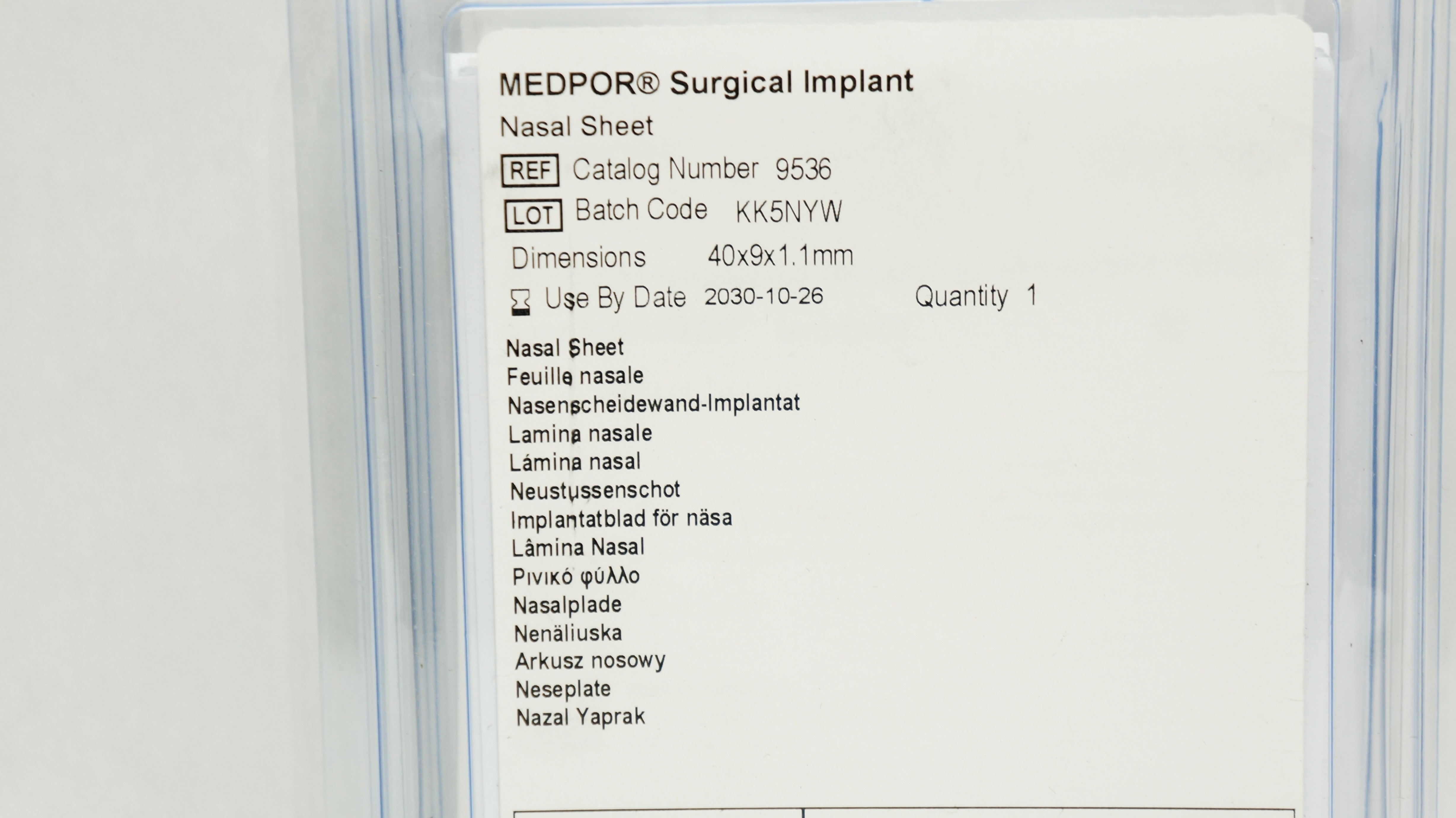 Stryker 9536 Medpor Surgical Implant Nasal Sheet 40 x 9 x 9.1mm