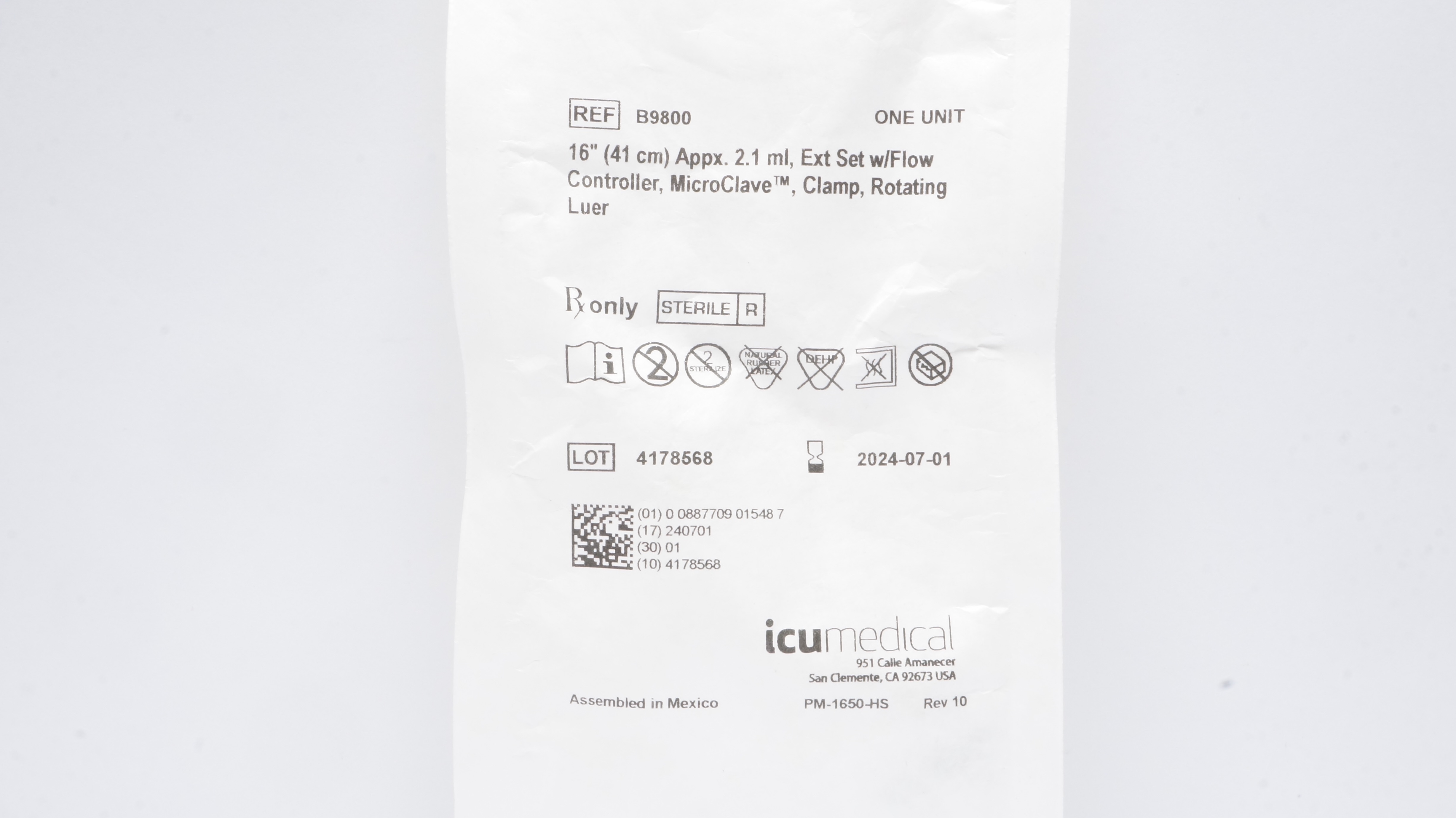 ICU Medical B9800 Extension Set w/Controller Clamp, Luer 16inch Appx. x 2.1mL(x)