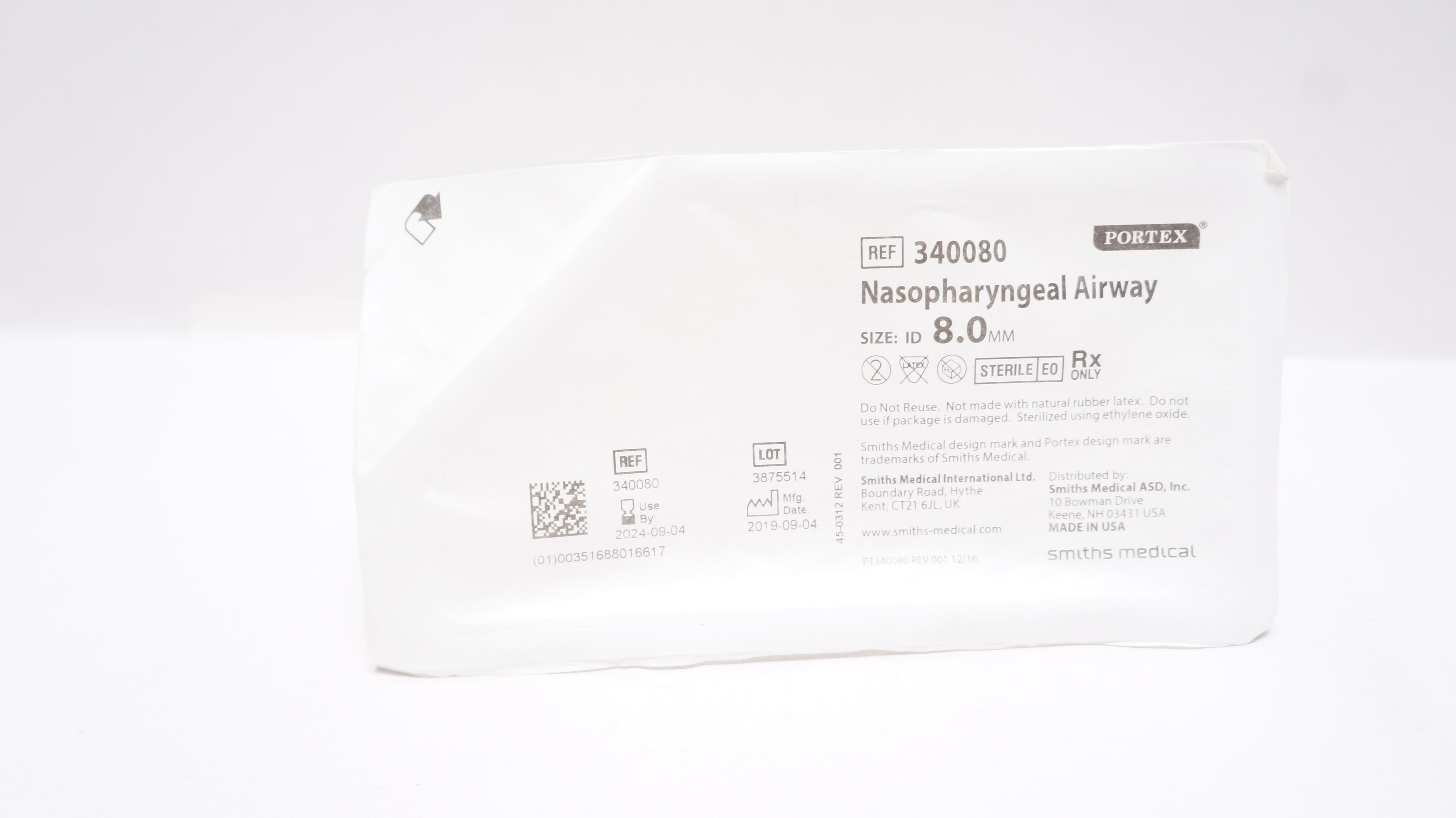 Smiths Medical 340080 Portex Nasopharyngeal Airway ID 8.0mm