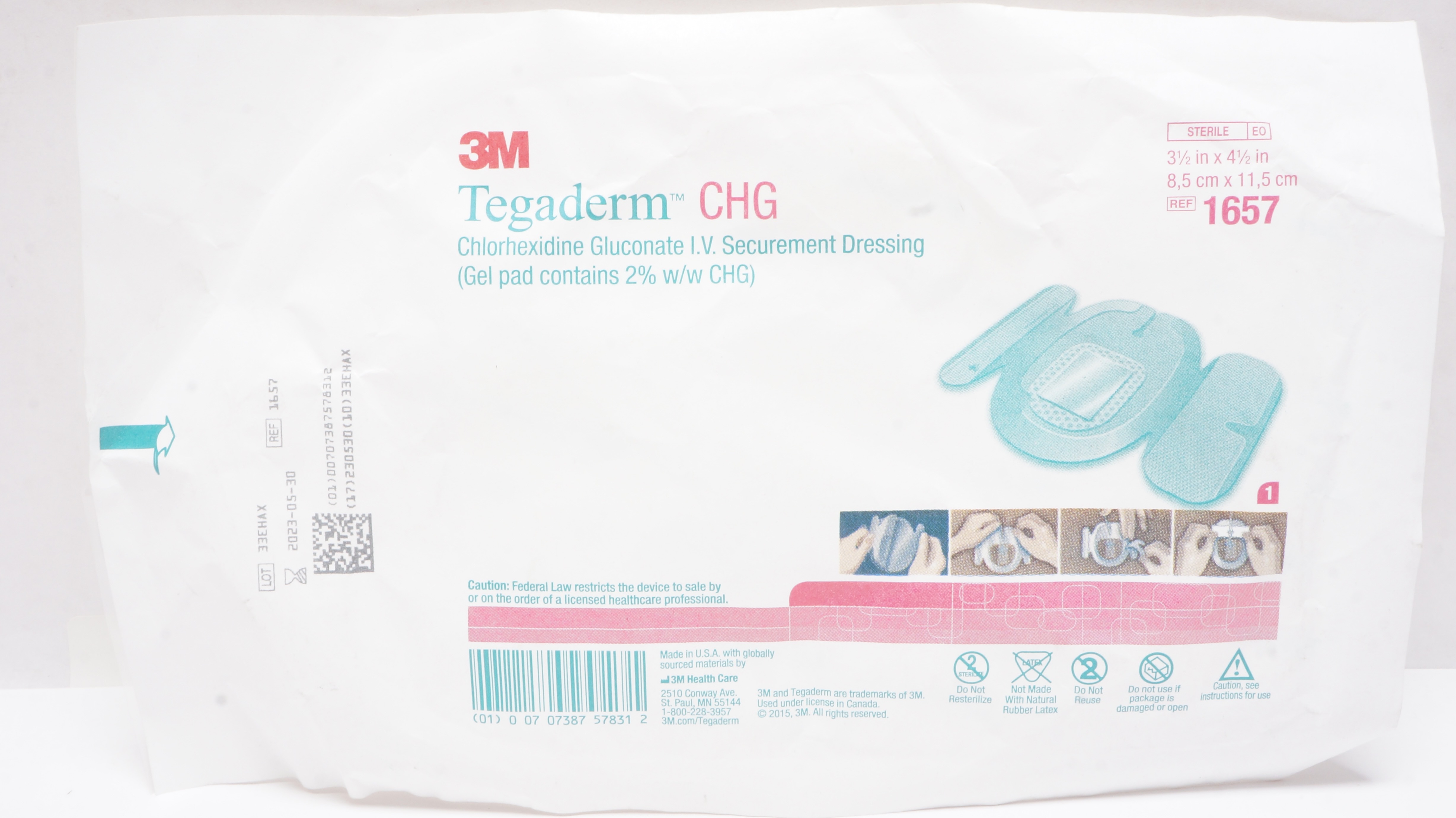 3M 1657 Tegaderm CHG  I.V. Securement Dressing 3-1/2 x 4-1/2inch (x)