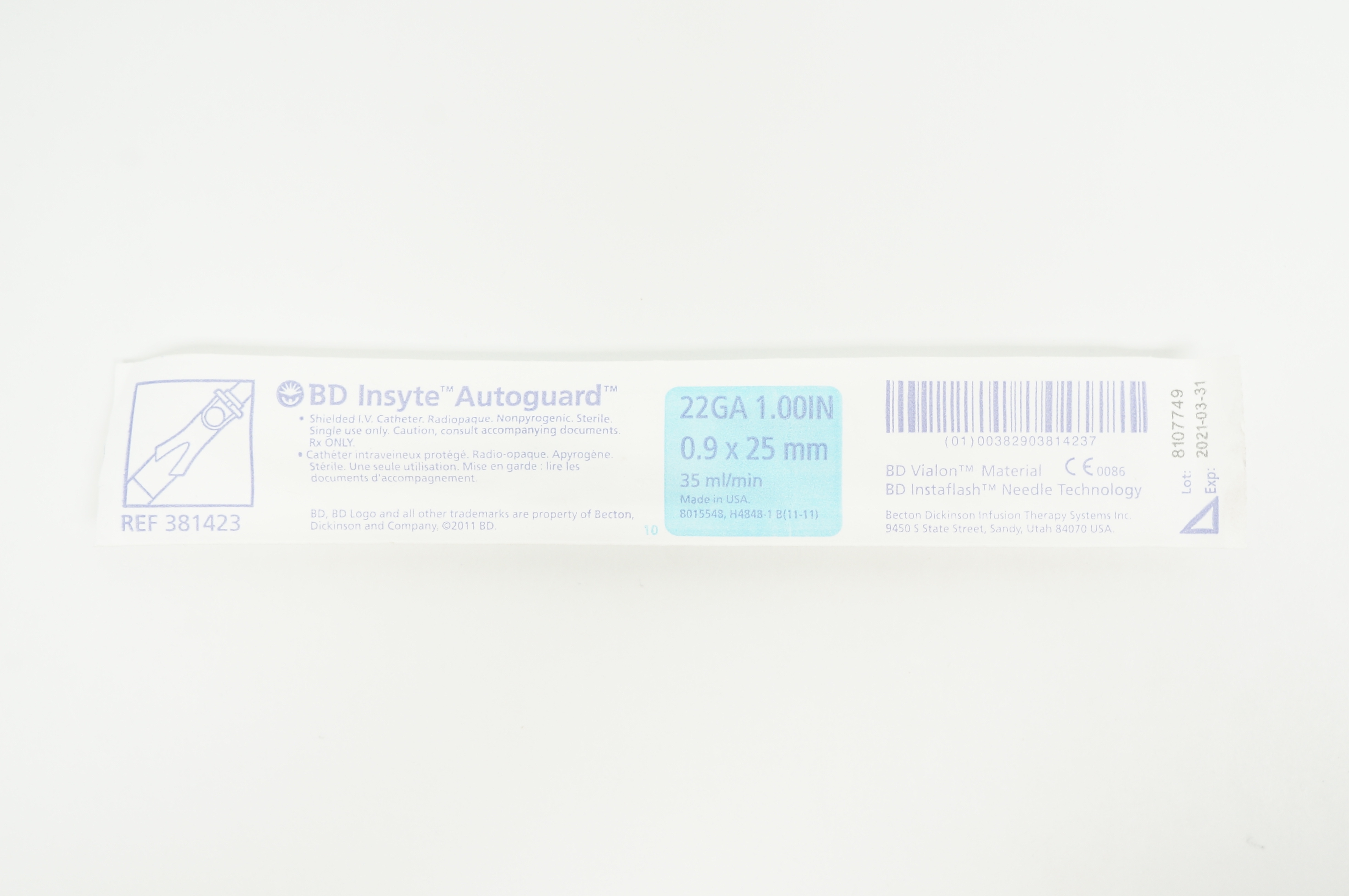 BD 381423 Insyte Autoguard Shielded IV Cath. 22Ga x 1.00 inch x 35 ml/min (x)