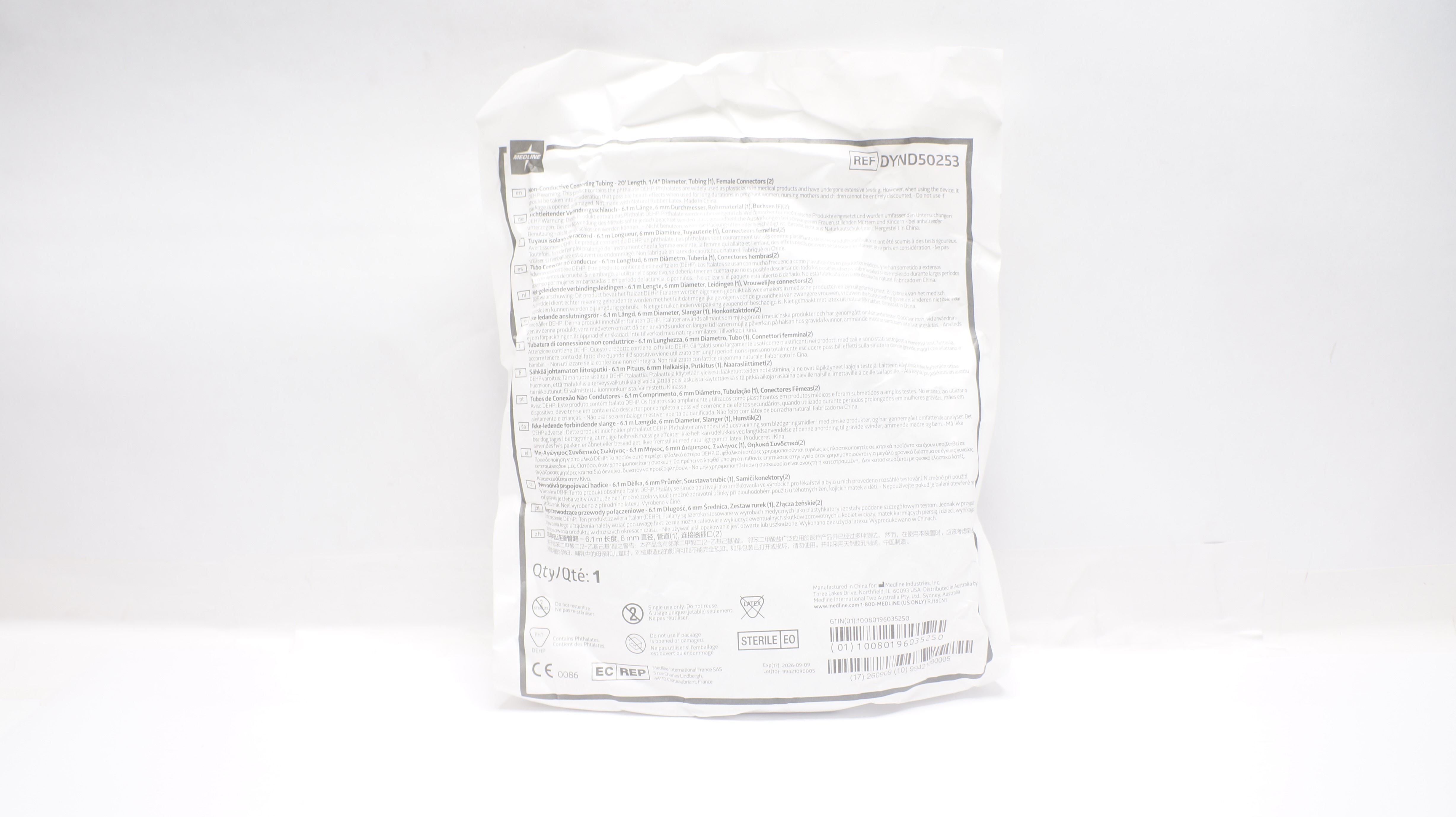 Medline DYND50253 Connecting Tubing, 20ft. Length 1/4inch Diameter