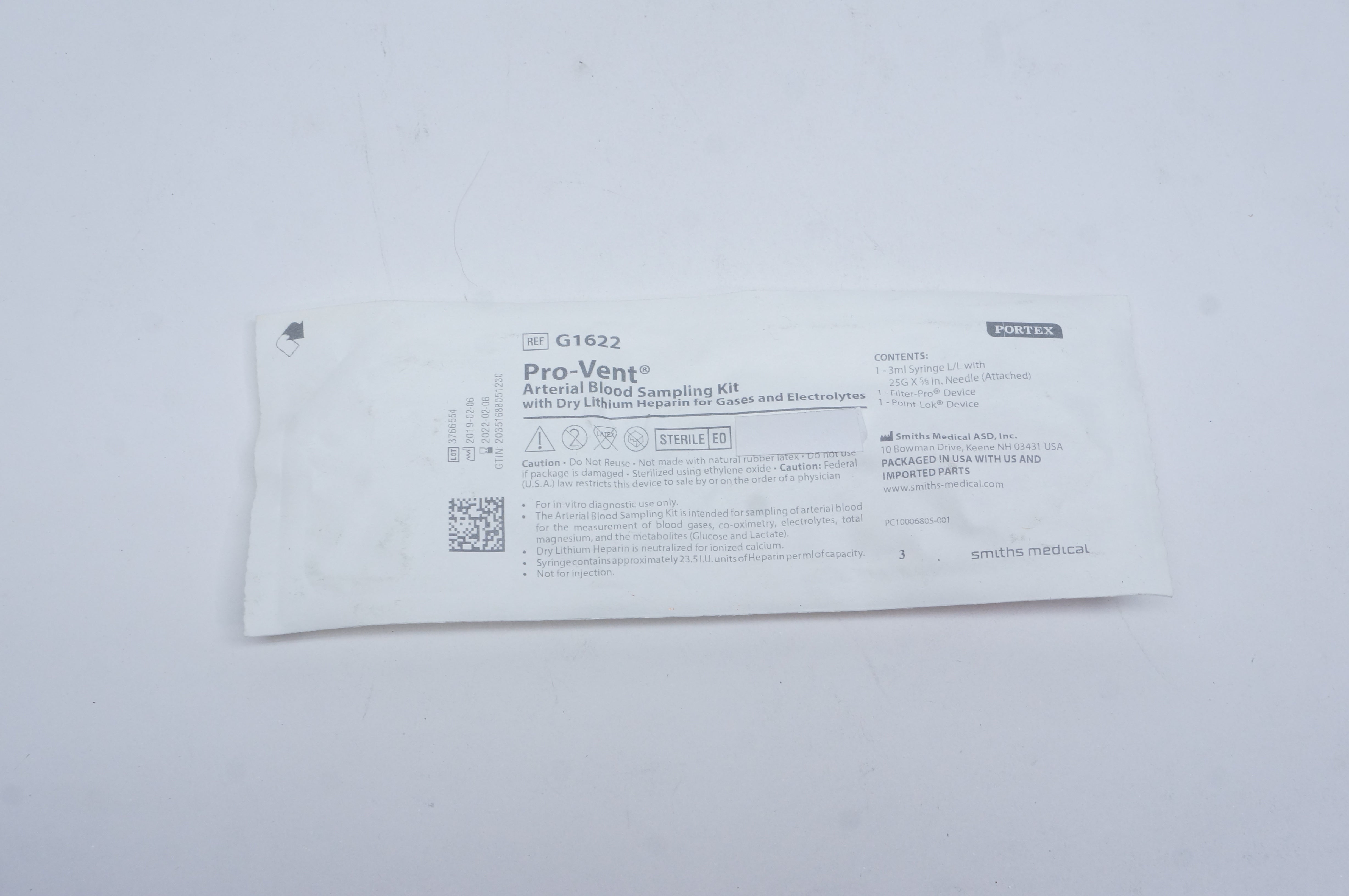 Smiths Medical G1622 Portex Pro-Vent Arterial Blood Sampling Kit