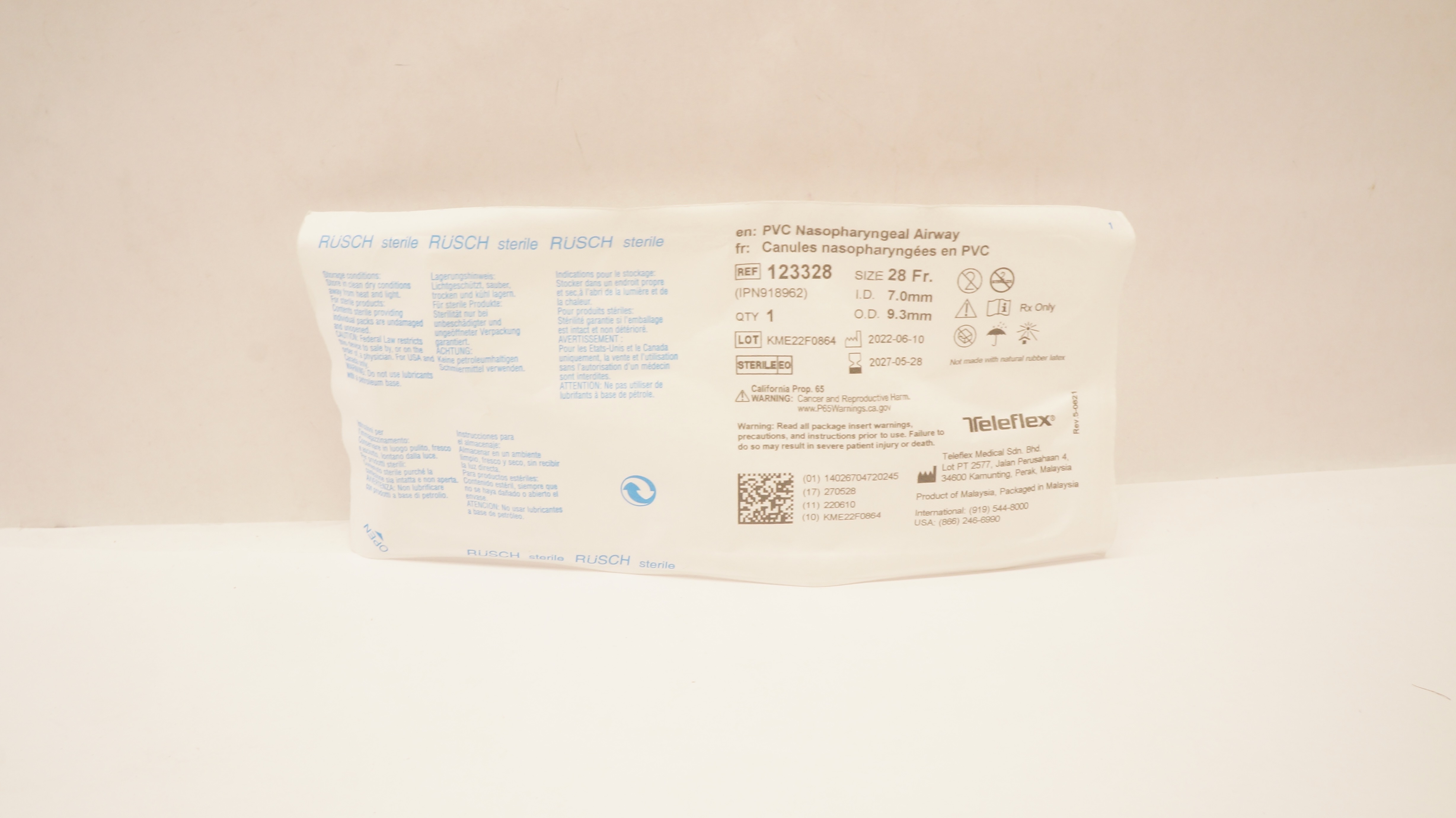 Teleflex 123328 Rusch PVC Nasopharyngeal Airway 28Fr. x ID 7.0mm x OD 9.3mm