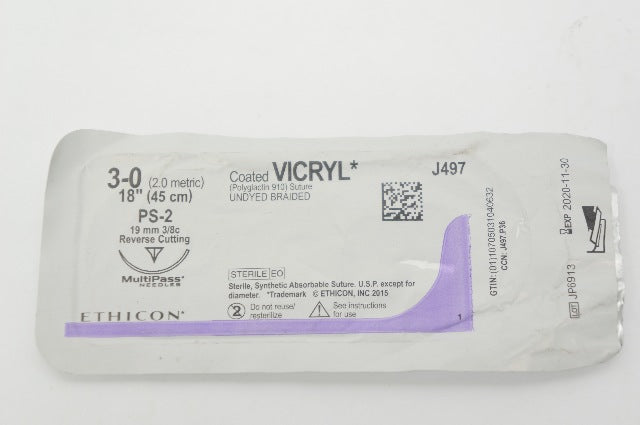 Ethicon J497 3-0 Coated VICRYL Stre PS-2 19mm 3/8c Reverse Cutting,18inch (x)