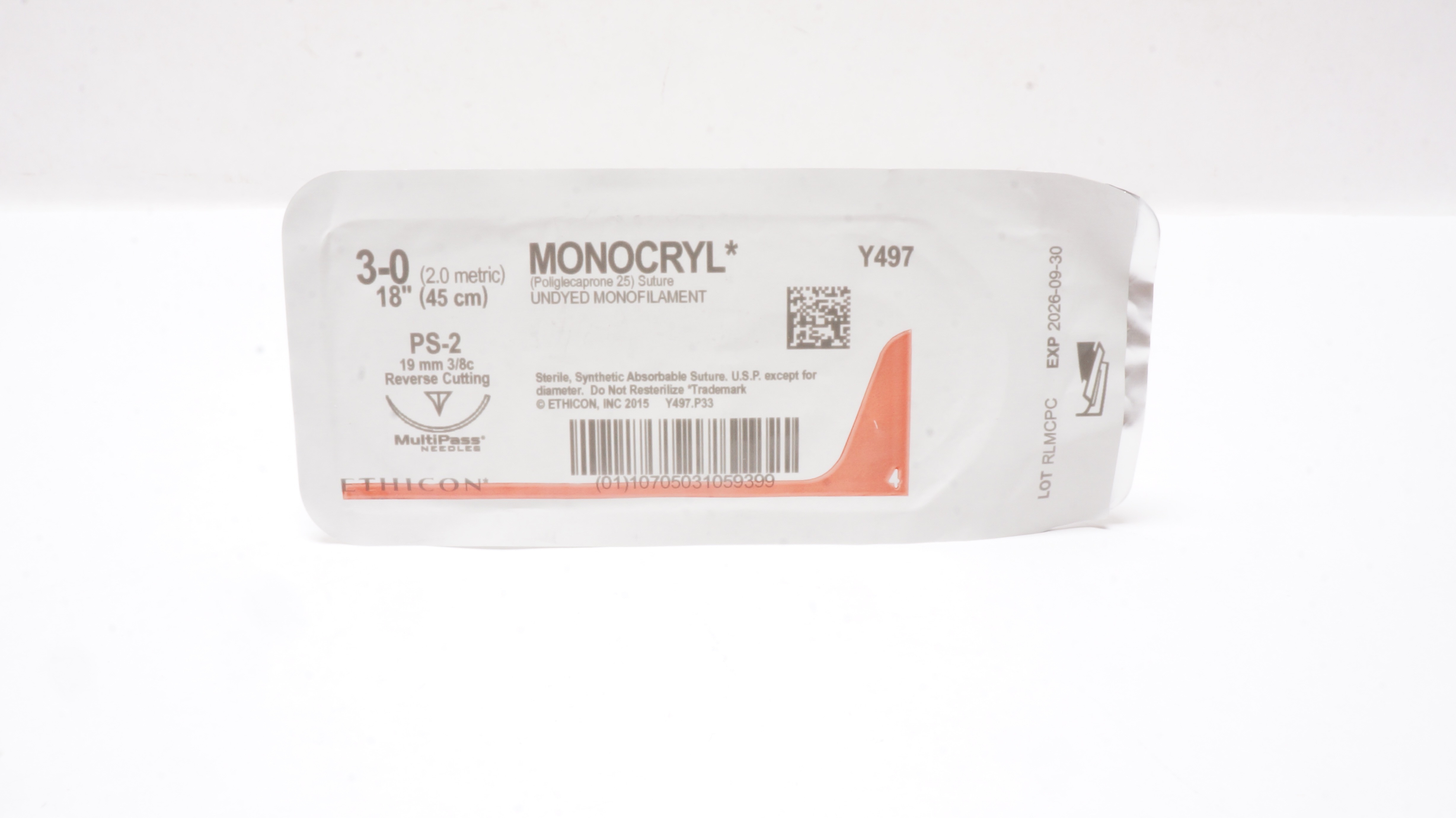 Ethicon Y497 3-0 MONOCRYL Stre PS-2 19mm 3/8c Reverse Cutting 18inch