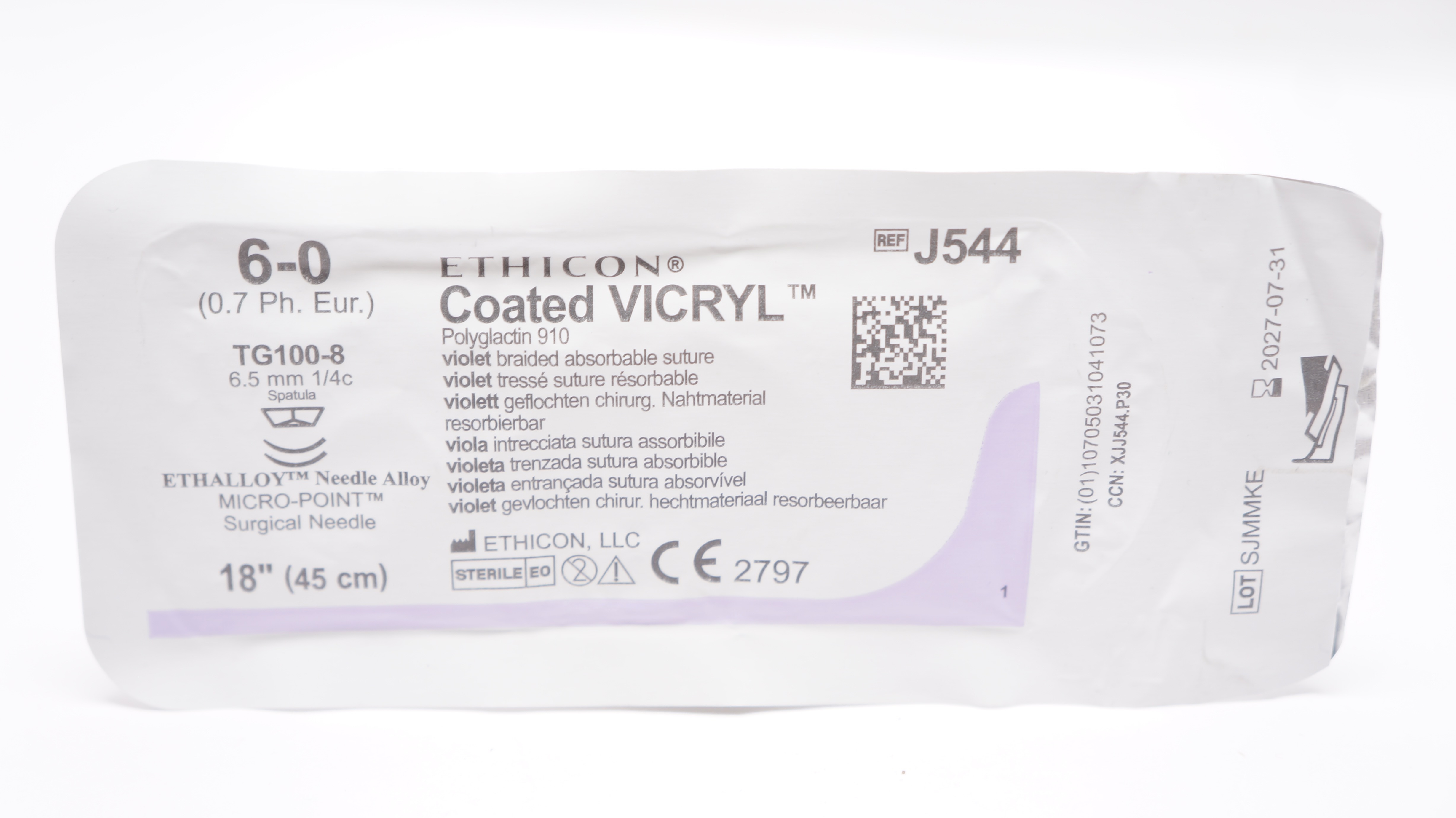 Ethicon J544 6-0 VICRYL, TG100-8, 6.5mm 1/4c Spatula, 18inch