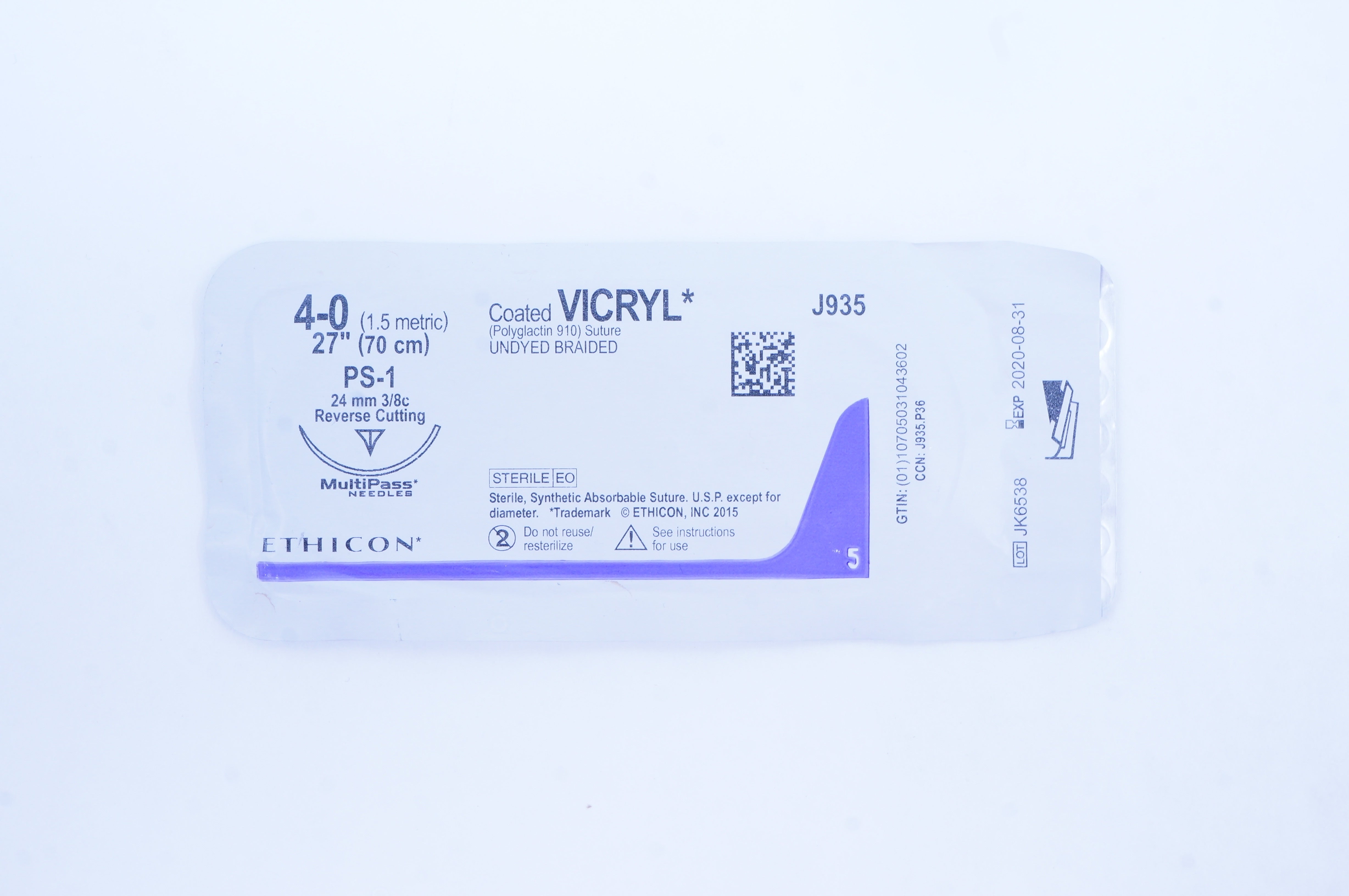 Ethicon J935 4-0 Coated VICRYL PS-1 24mm 3/8c Reverse Cutting, 27inch (x)