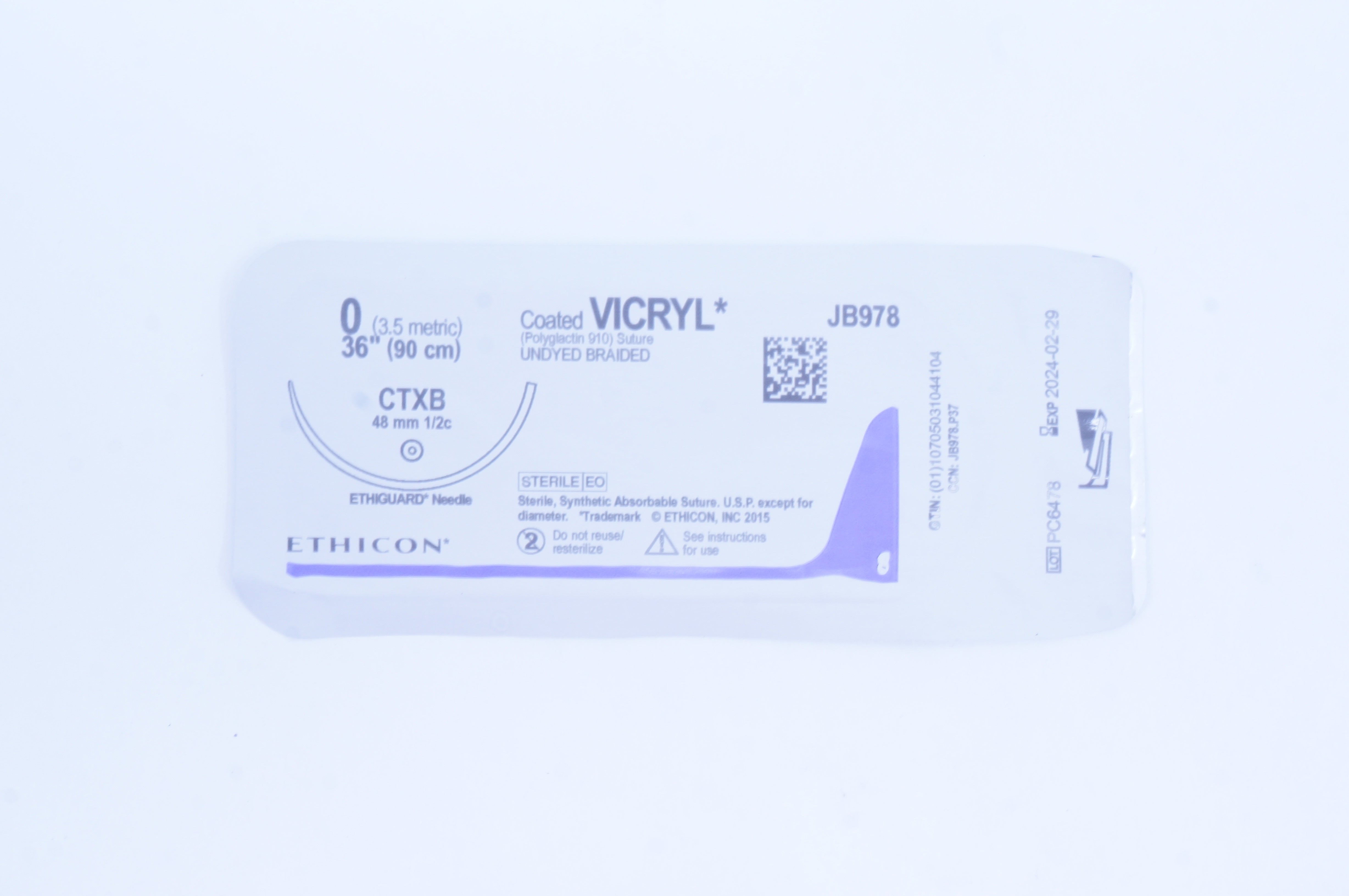 Ethicon JB978 0 Coated VICRYL Stre,CTXB 48mm 1/2c, 36inch