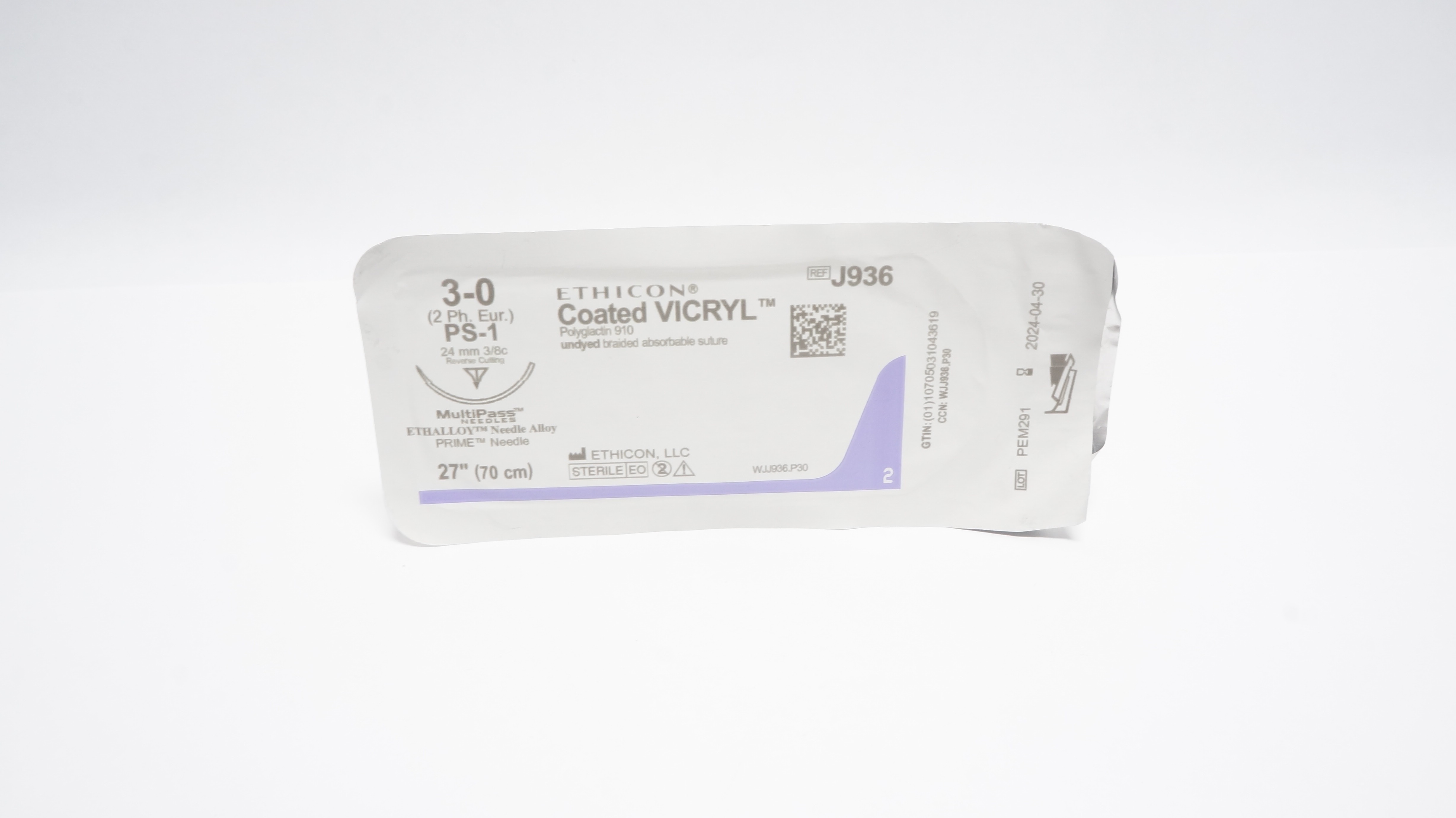 Ethicon J936 3-0 Vicryl, PS-1, 24mm 3/8c Reverse Cutting, 27inch (x)