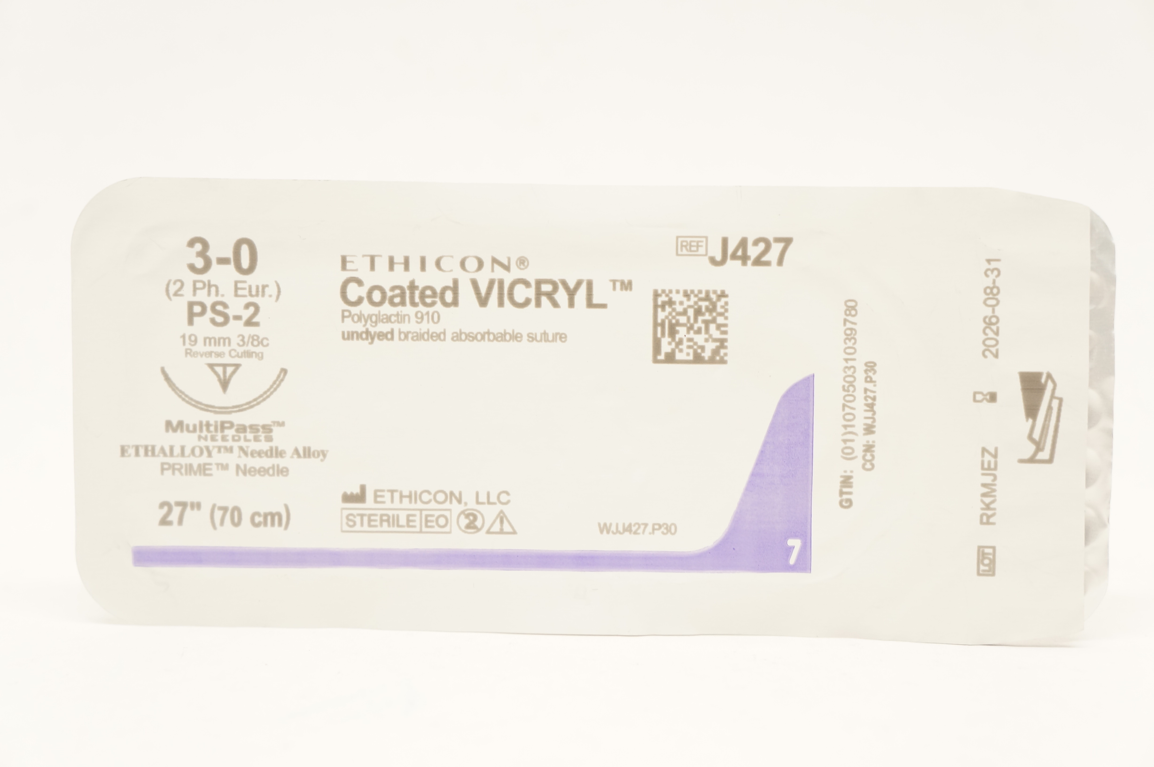 Ethicon J427 3-0 Coated VICRYL PS-2 19mm 3/8c Reverse Cutting 27inch