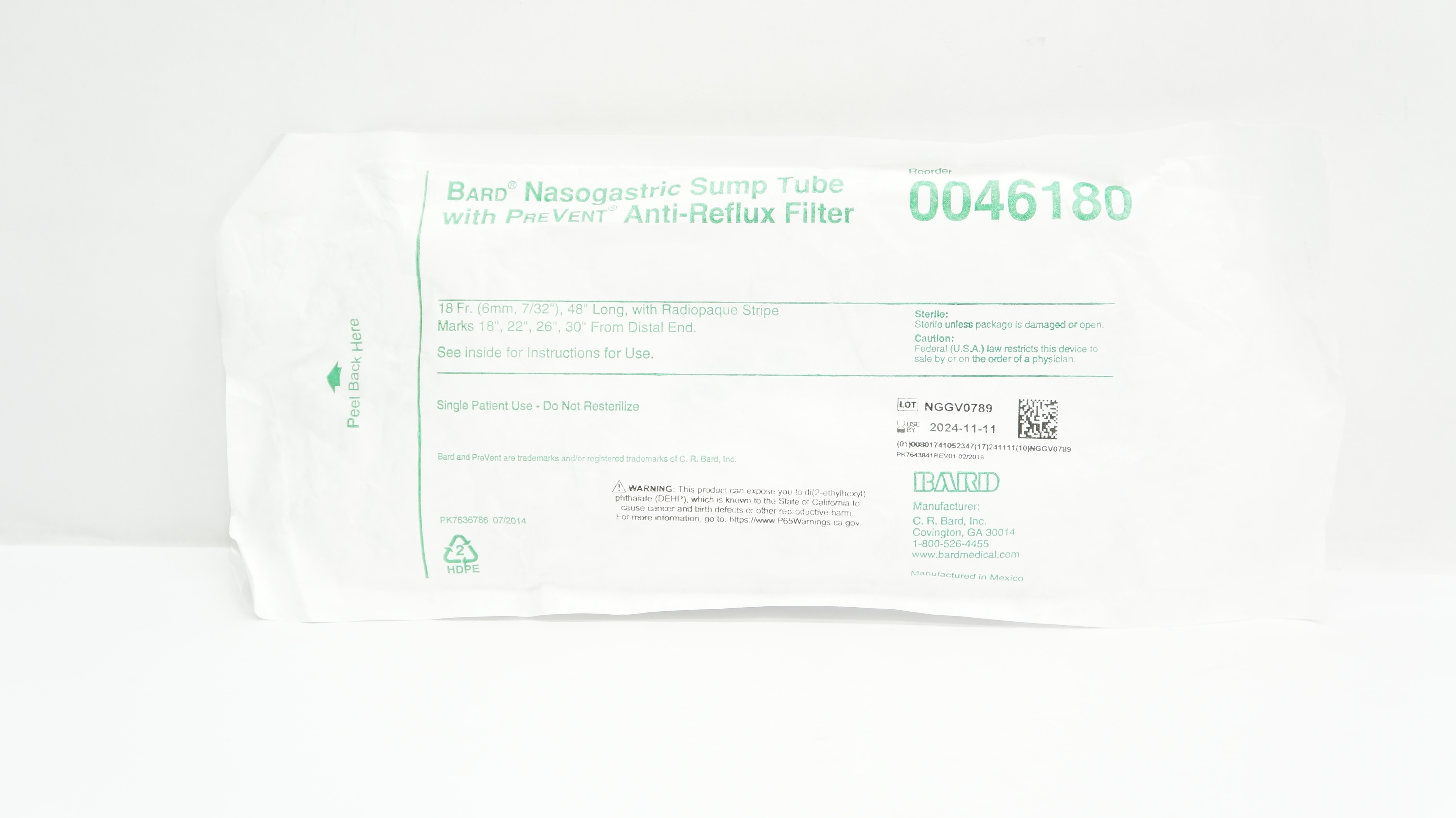 Bard 0046180 Nasogastric Sump Tube With PreVent Anti-Reflux Filter 18Fr x 48inch