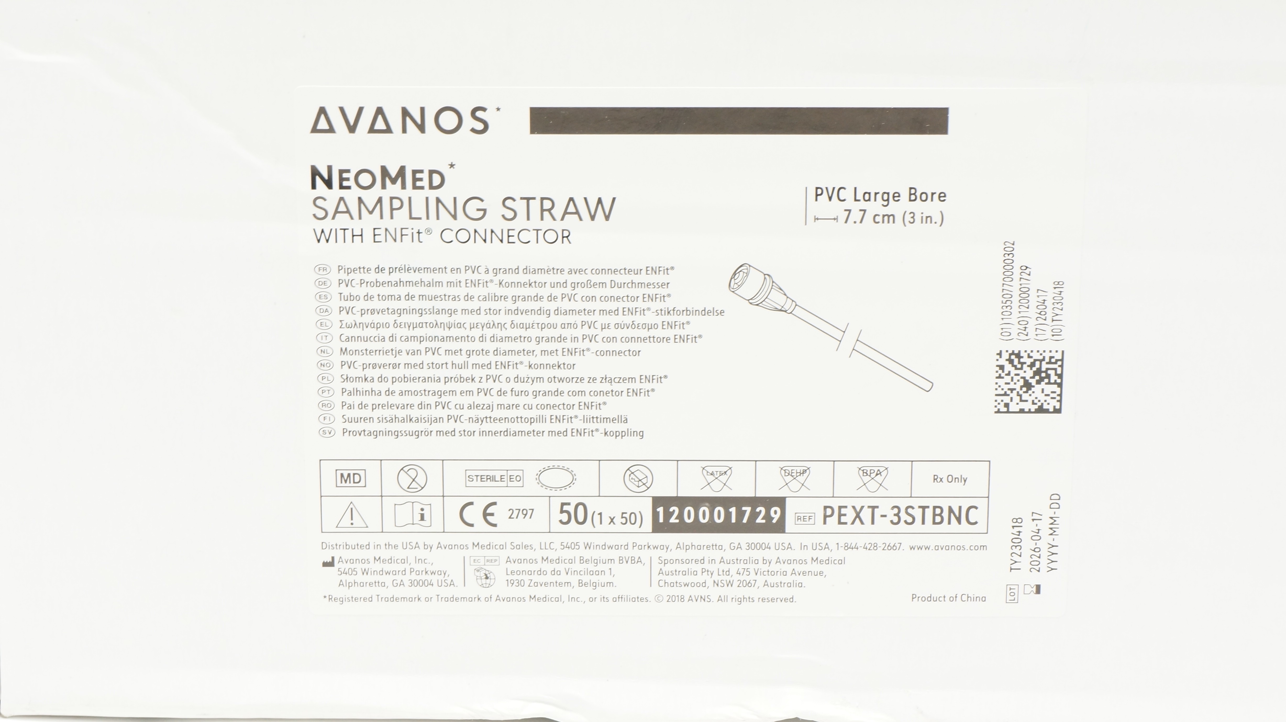 Avanos PEXT-3STBNC NeoMed Sampling Straw w/ENFit Connector 3inch - Box of 30