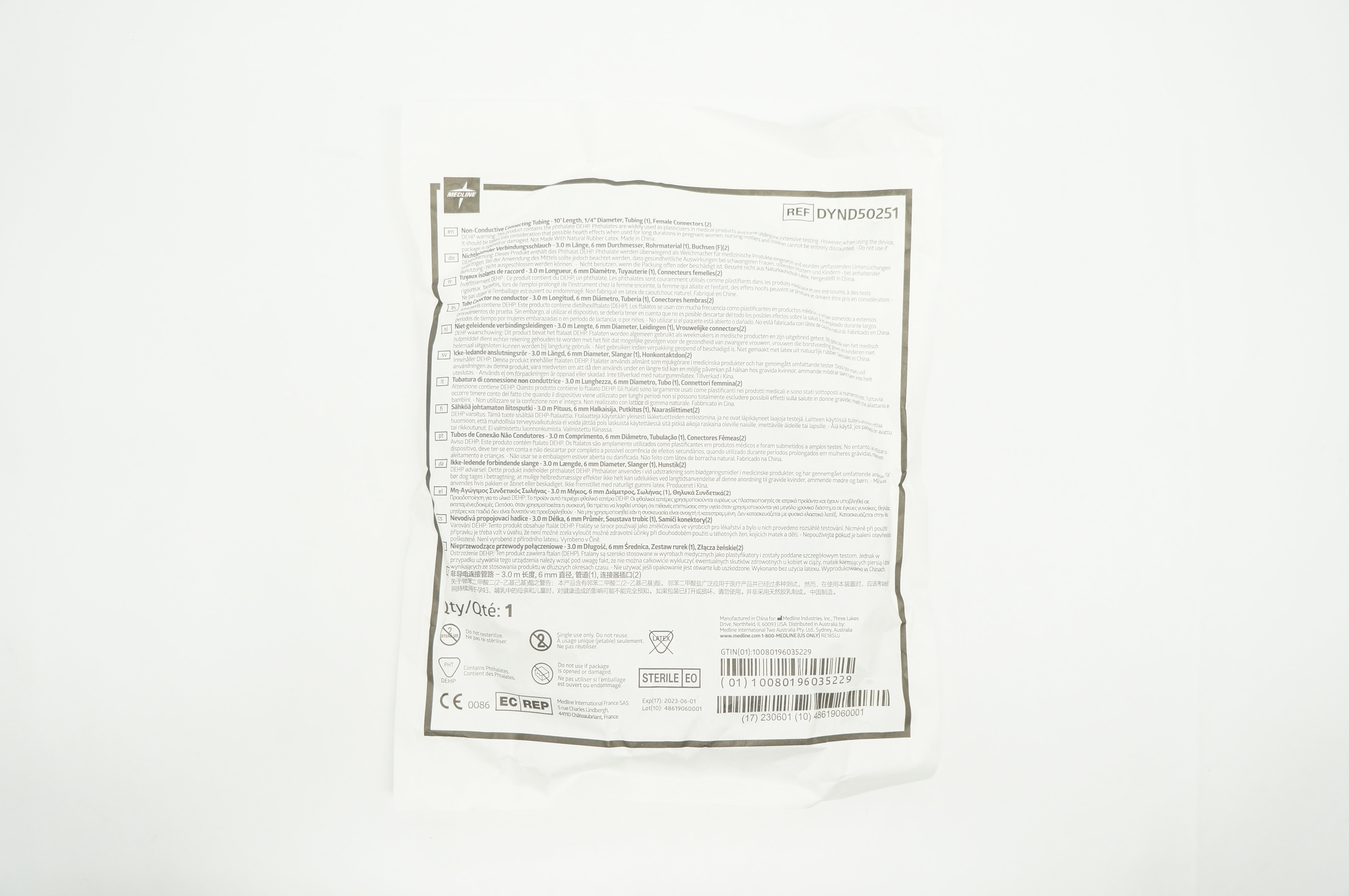 Medline DYND50251 Non-Conductive Connecting Tubing 10F x 1/4inch