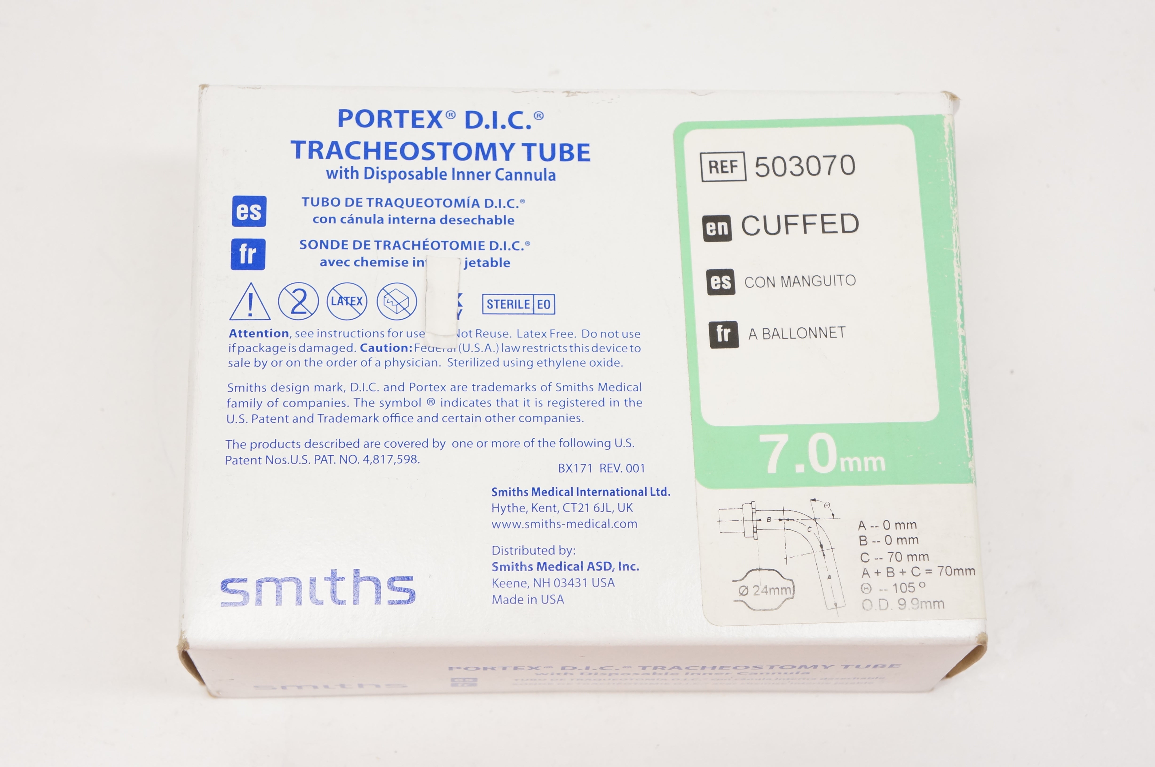 Smiths Medical 503070 Portex D.I.C. Tracheostomy Tube, Cuffed 7.0mm (x)