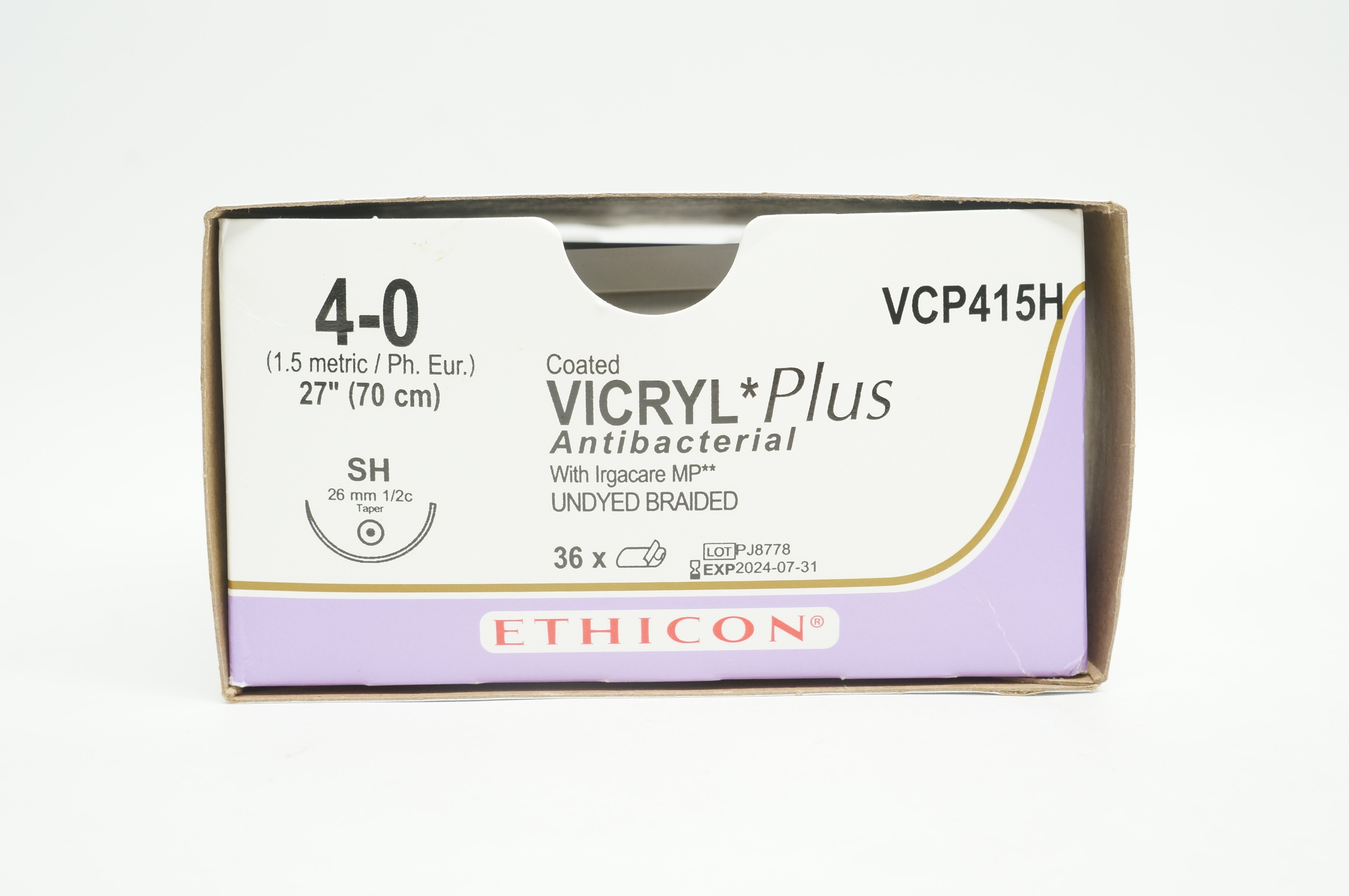 Ethicon VCP415H Coated VICRYL Plus Stre, SH, 27inch, Size 4-0 - Box of 36